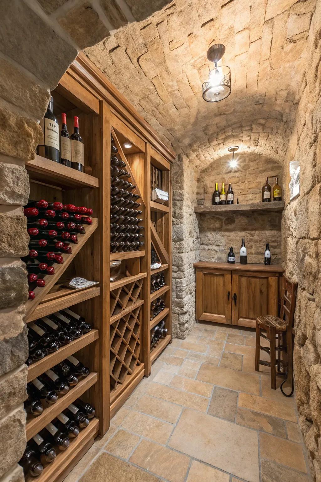 Rock walls add a country attraction to wine storage areas.
