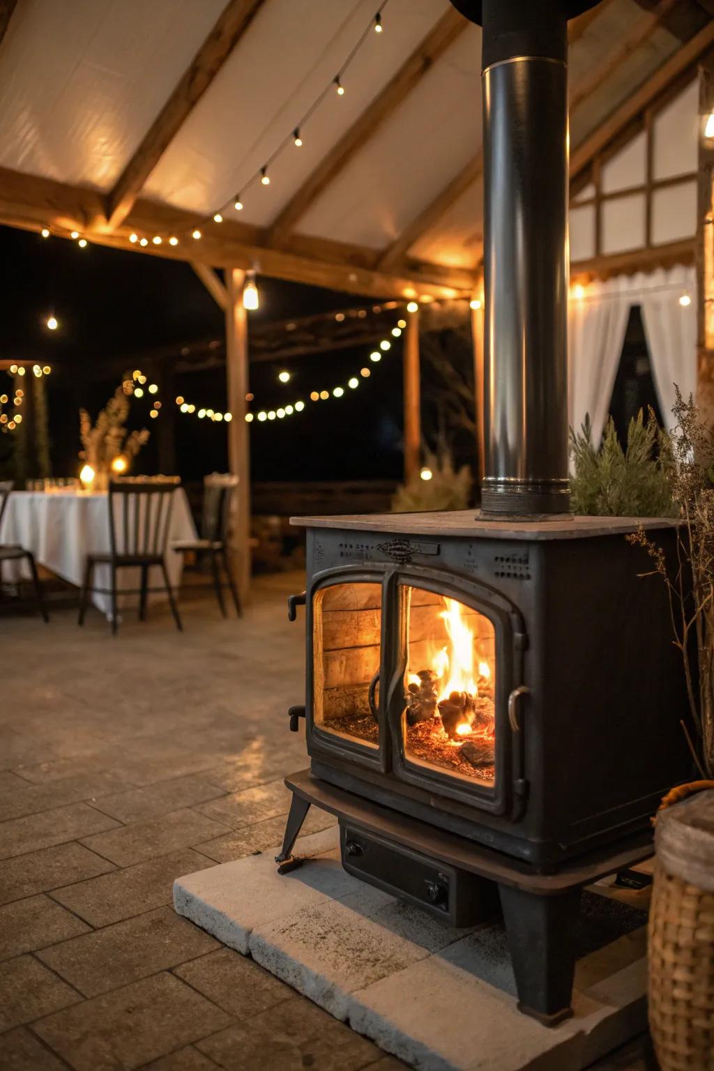 A glass door wood stove showcasing a captivating view of the dancing flames.
