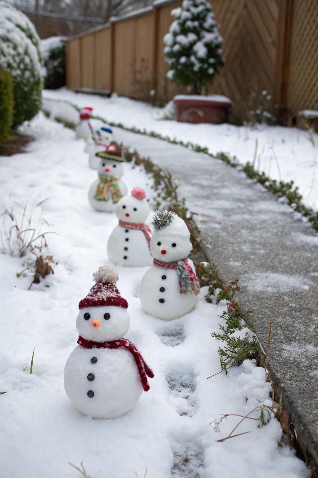 A row of adorable miniature snowmen lining a garden path.