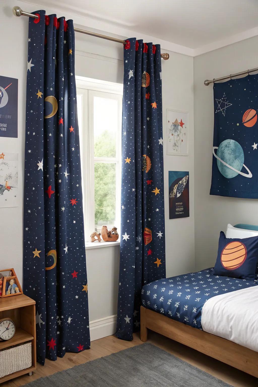 Cosmic window coverings fulfill a practical need while reinforcing the decor theme.