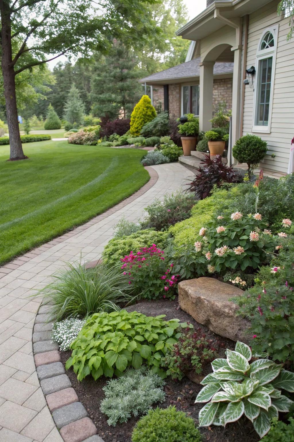 A welcoming front yard featuring layered plants and decorative borders.