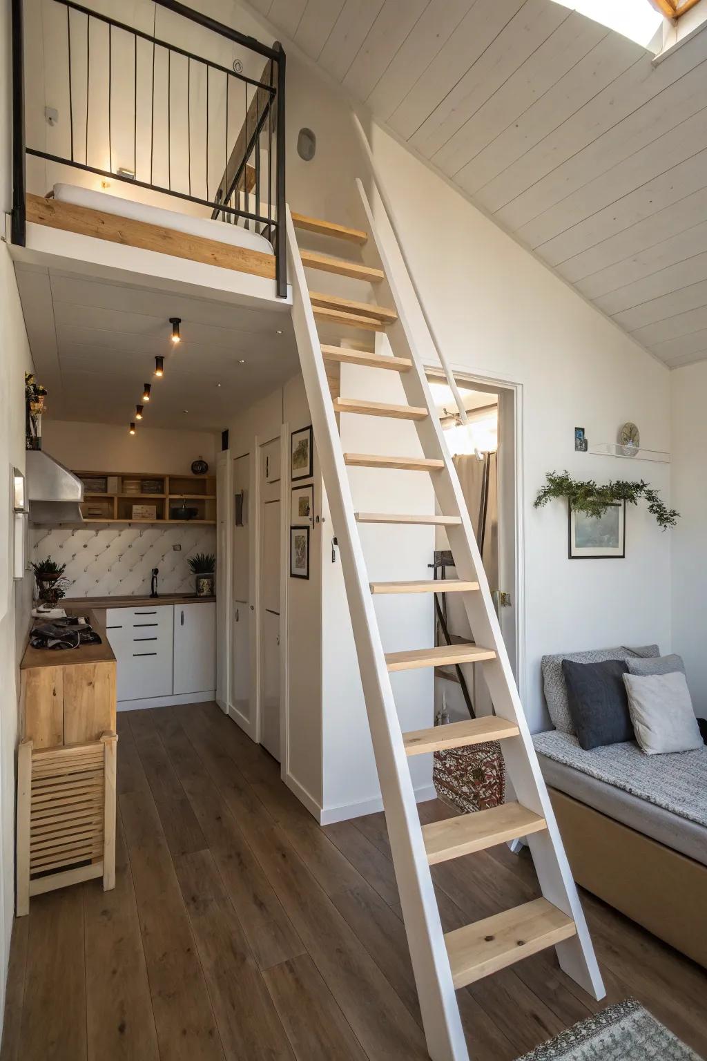 Vertical stairs optimizing space in a small studio apartment.