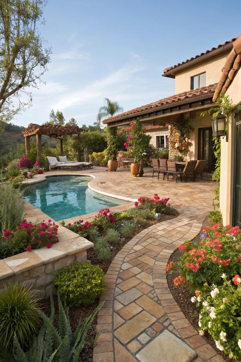 A luxurious comfort zone complements this welcoming Spanish-inspired pool.