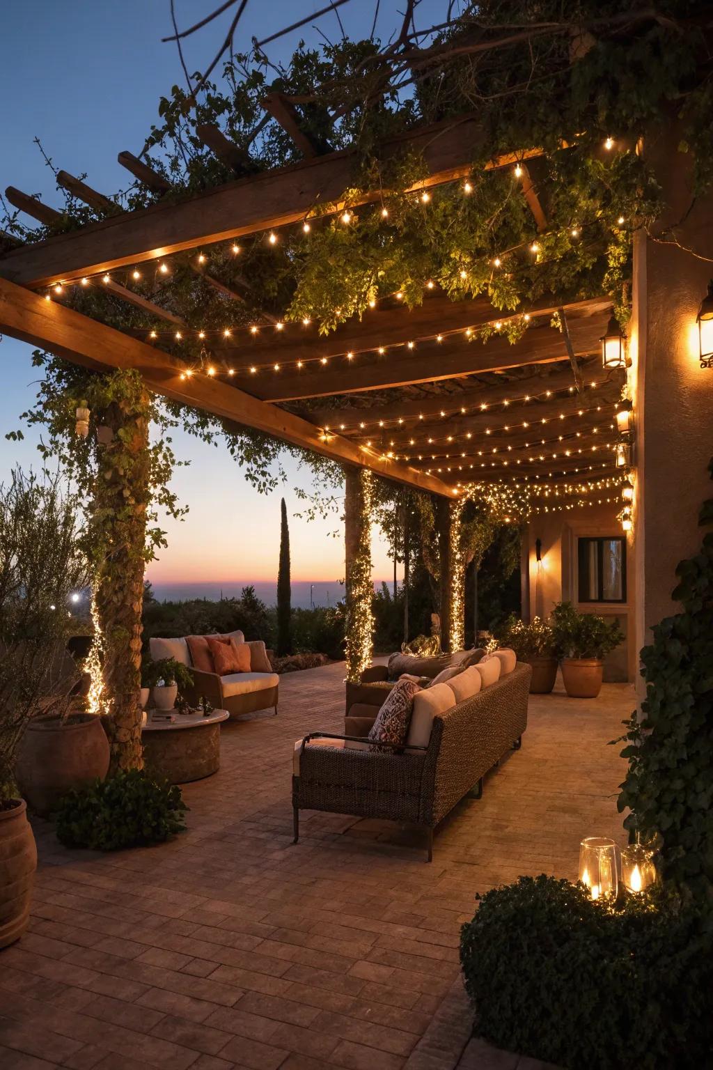 Evening get-togethers are made cozier by the addition of string lights.