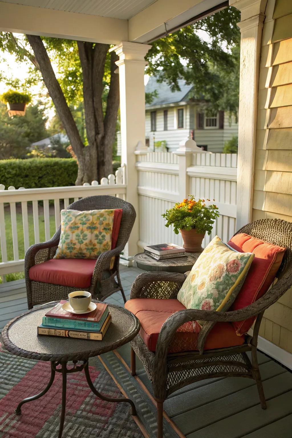 A comfortable relaxation alcove is impeccable for relishing the springtime climate on your porch.