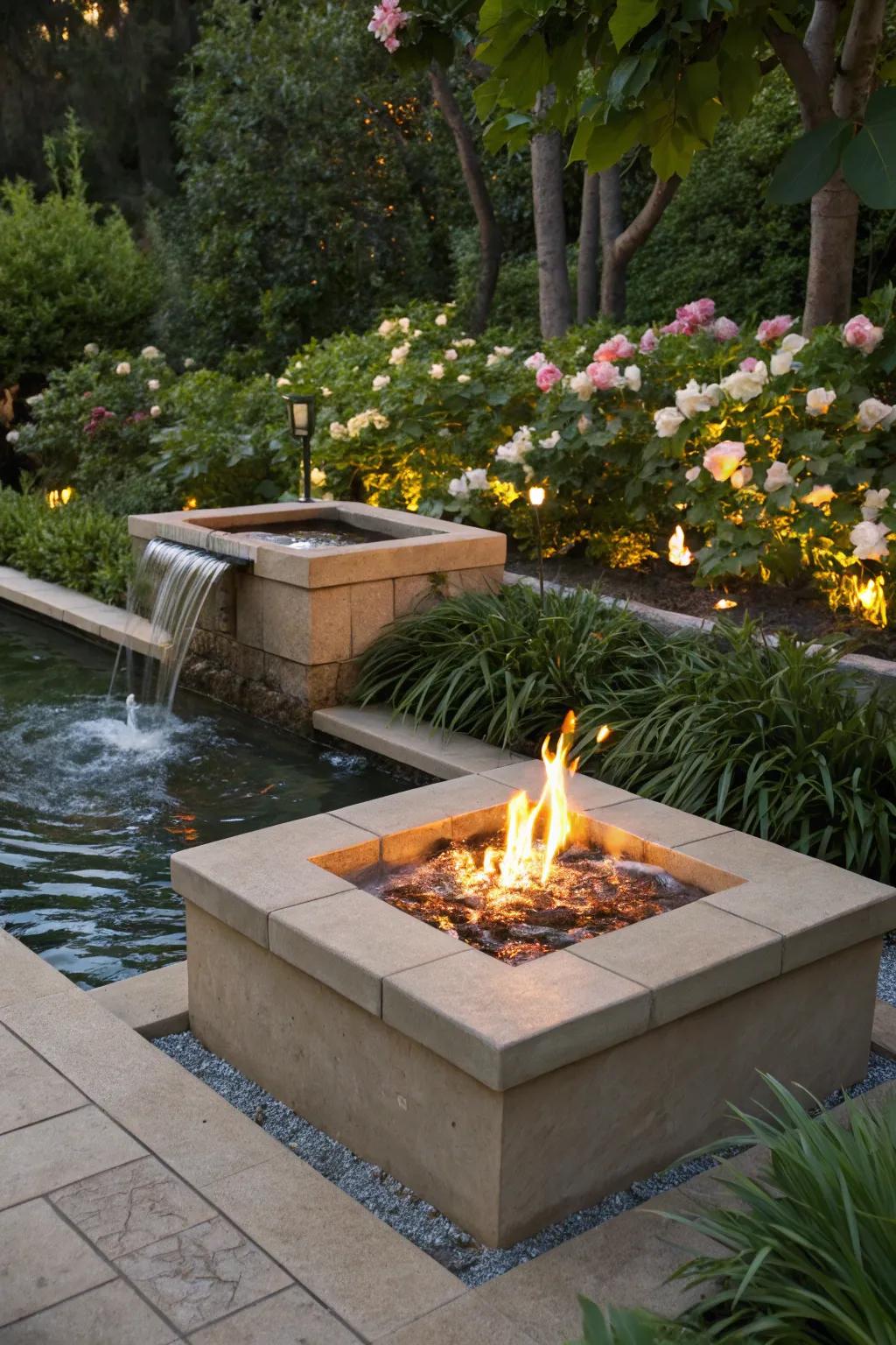 The fusion of fire and water results in a breathtaking outdoor element.