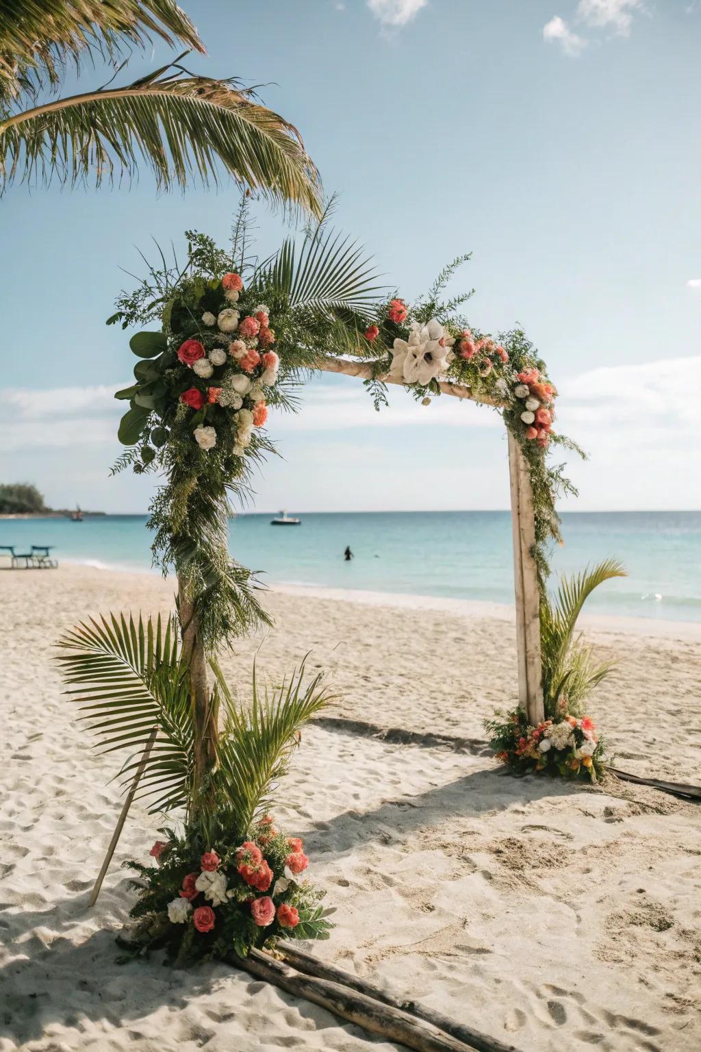 An equatorial-inspired square arch ideal for a seaside wedding.