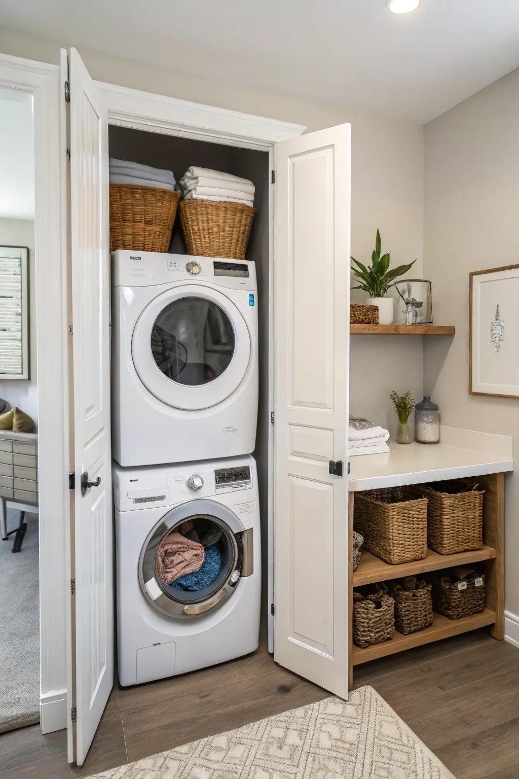 A hidden space keeps your laundry area out of sight and orderly.