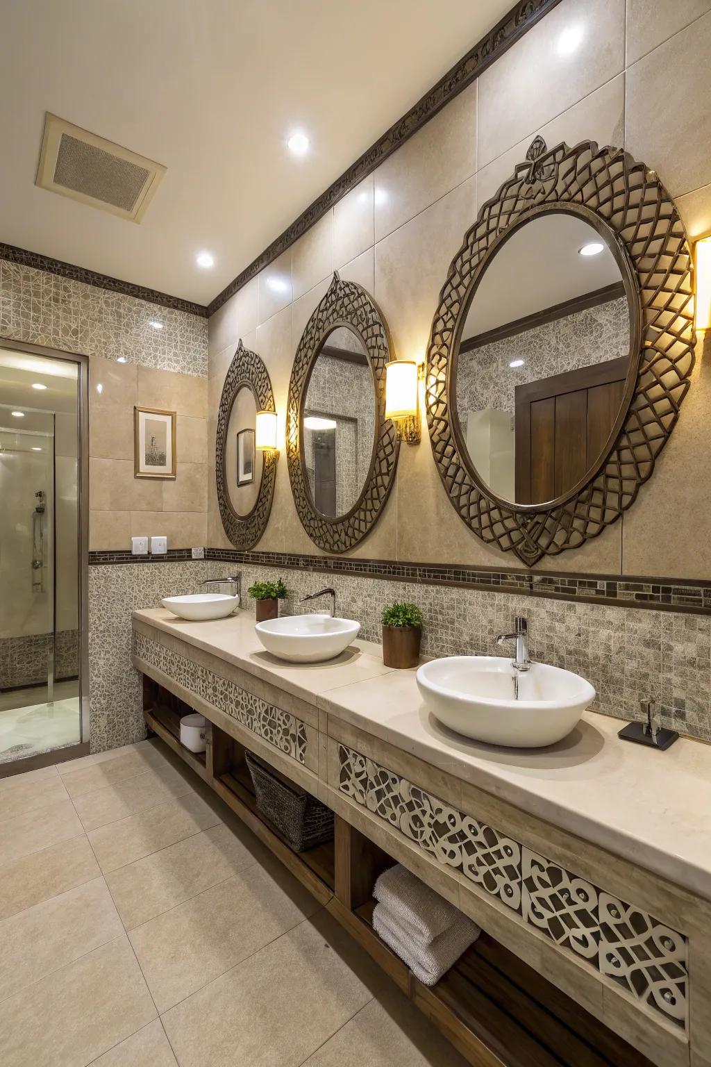 Decorative mirrors enhance both style and function in the staff bathroom.