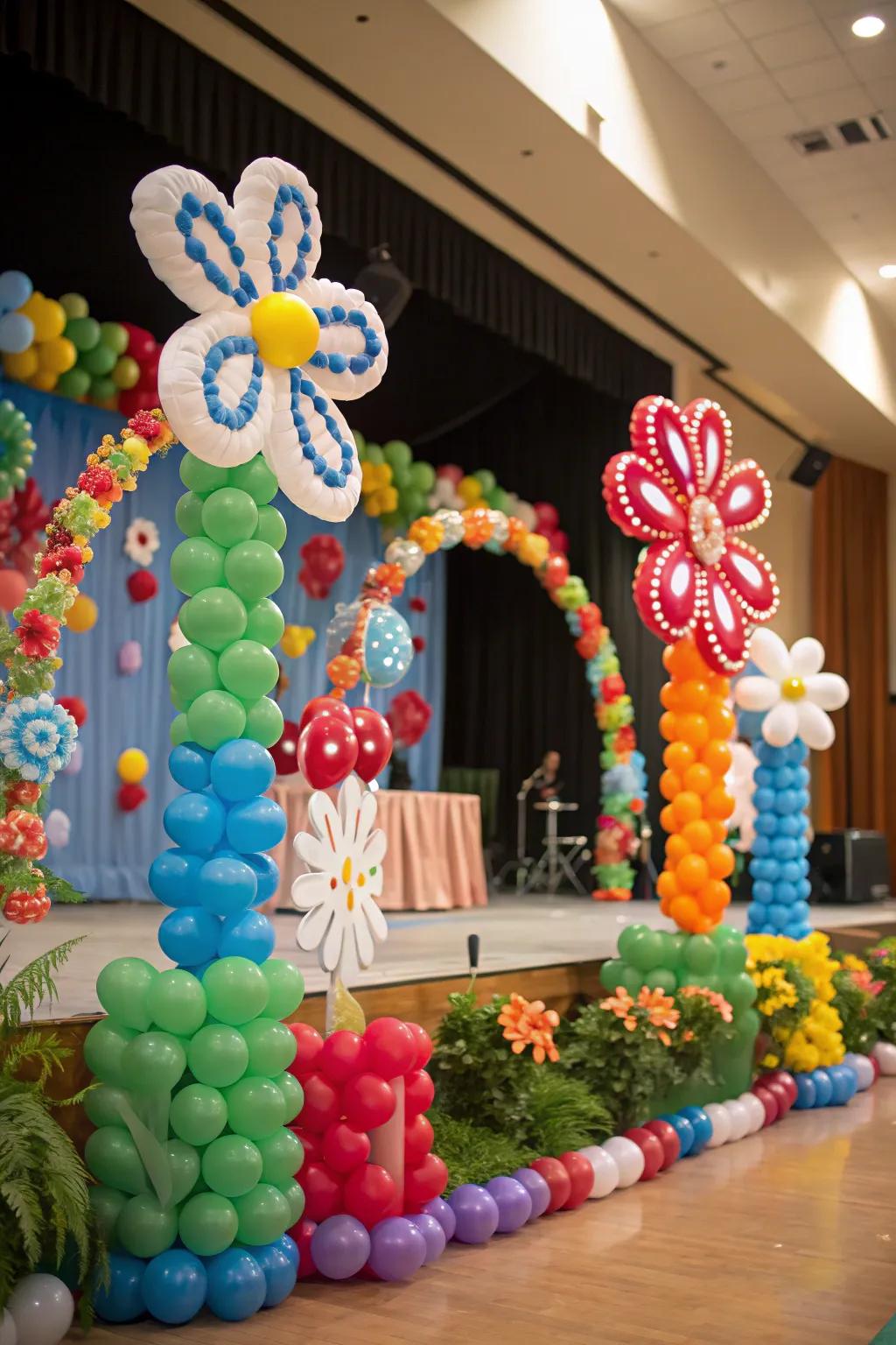 A stage ornamented with whimsical air-filled blossom compositions.