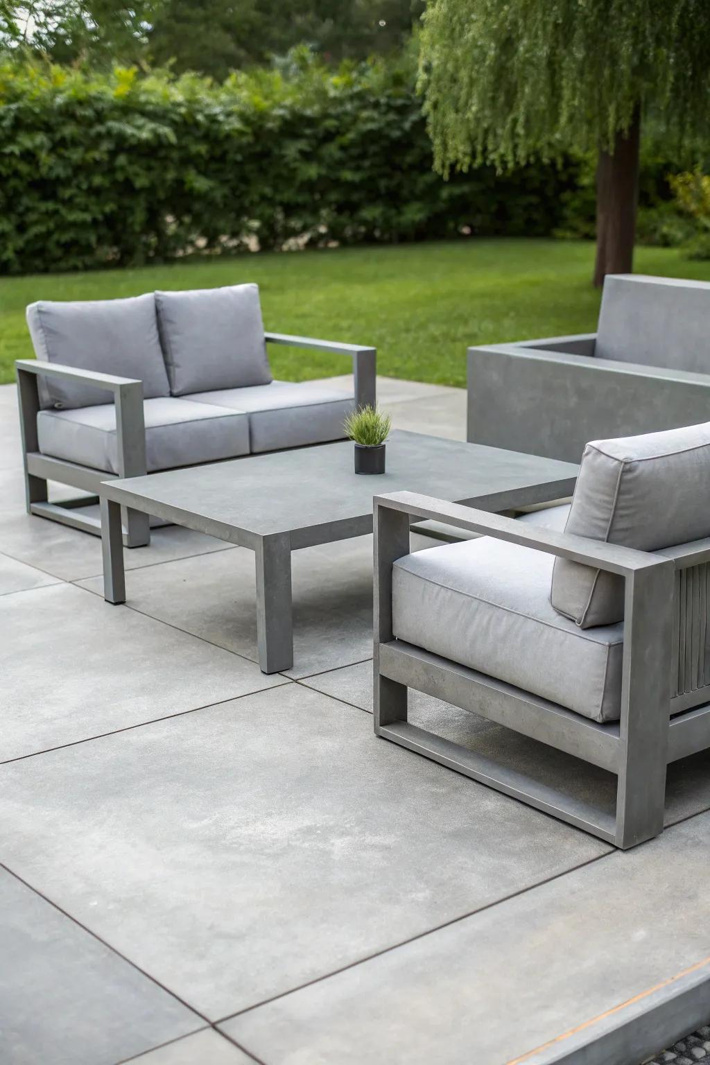 A chic patio with gray-dyed concrete and contemporary furniture.