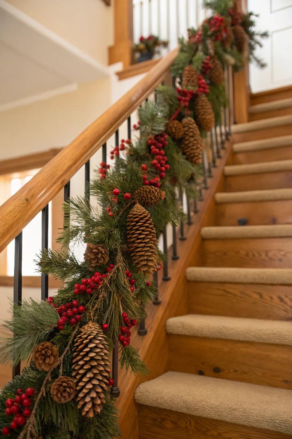 Natural pine cones and berries introduce rustic charm to this garland.