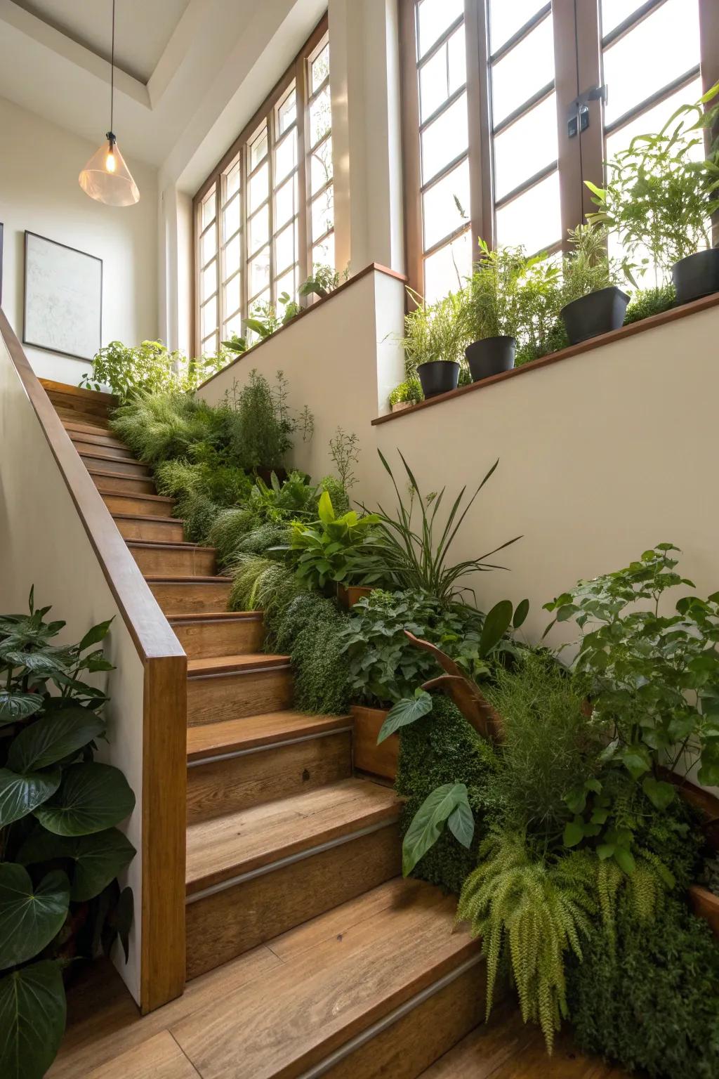 Integrated planters introduce a natural touch to this home staircase.