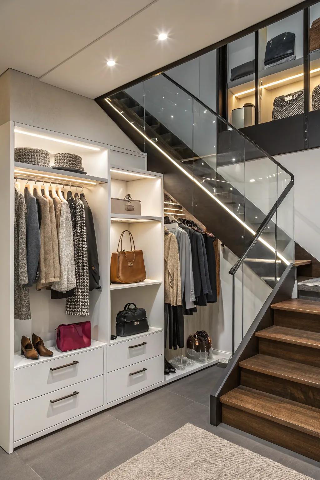 Turn your staircase into a mini closet using hanging bars.