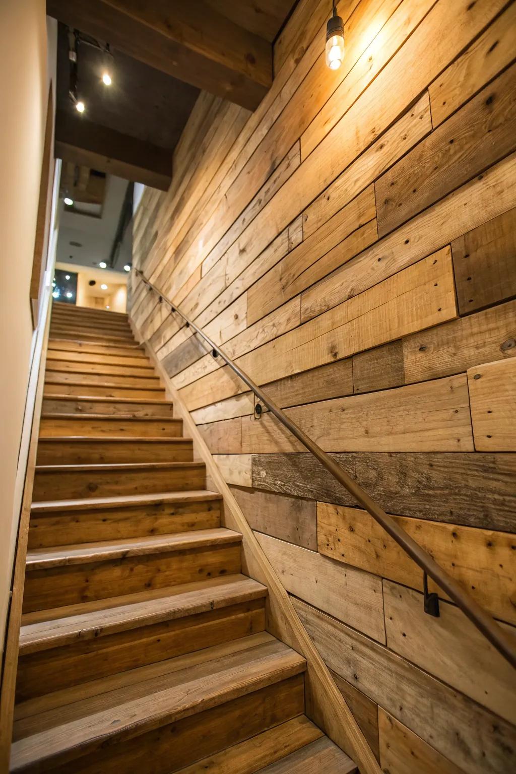 Rustic charm with reclaimed wood covering for your staircase.