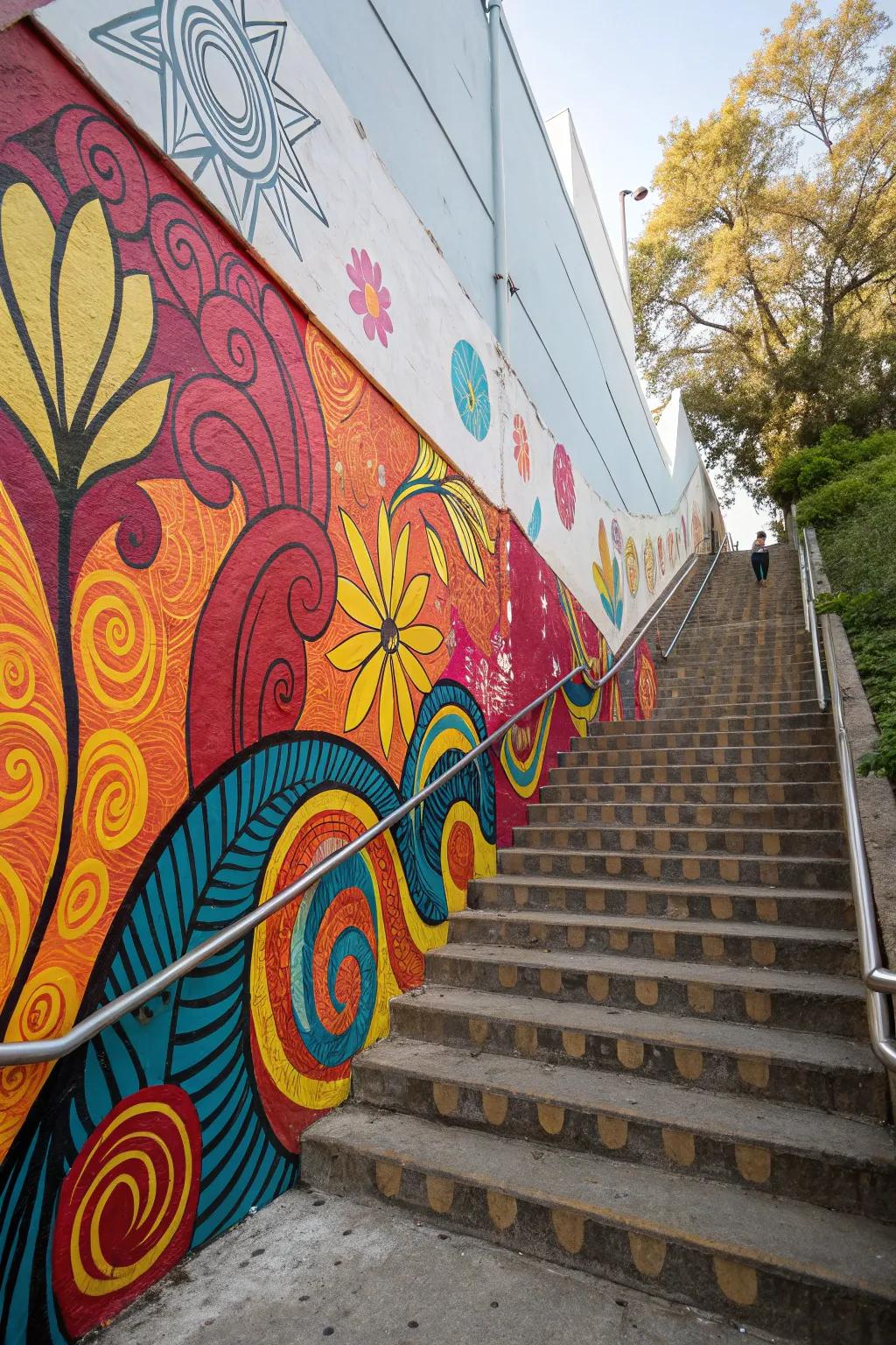 Vivid hues breathe life into the stairway wall.