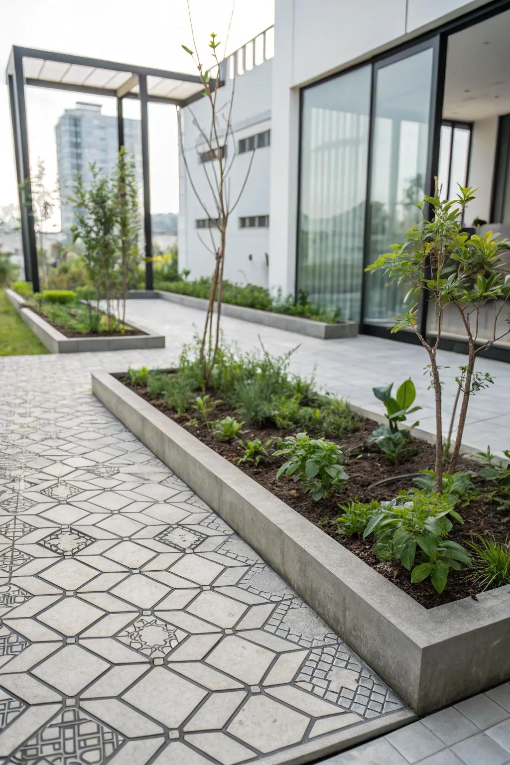 Modern garden featuring a geometric pattern stamped concrete border