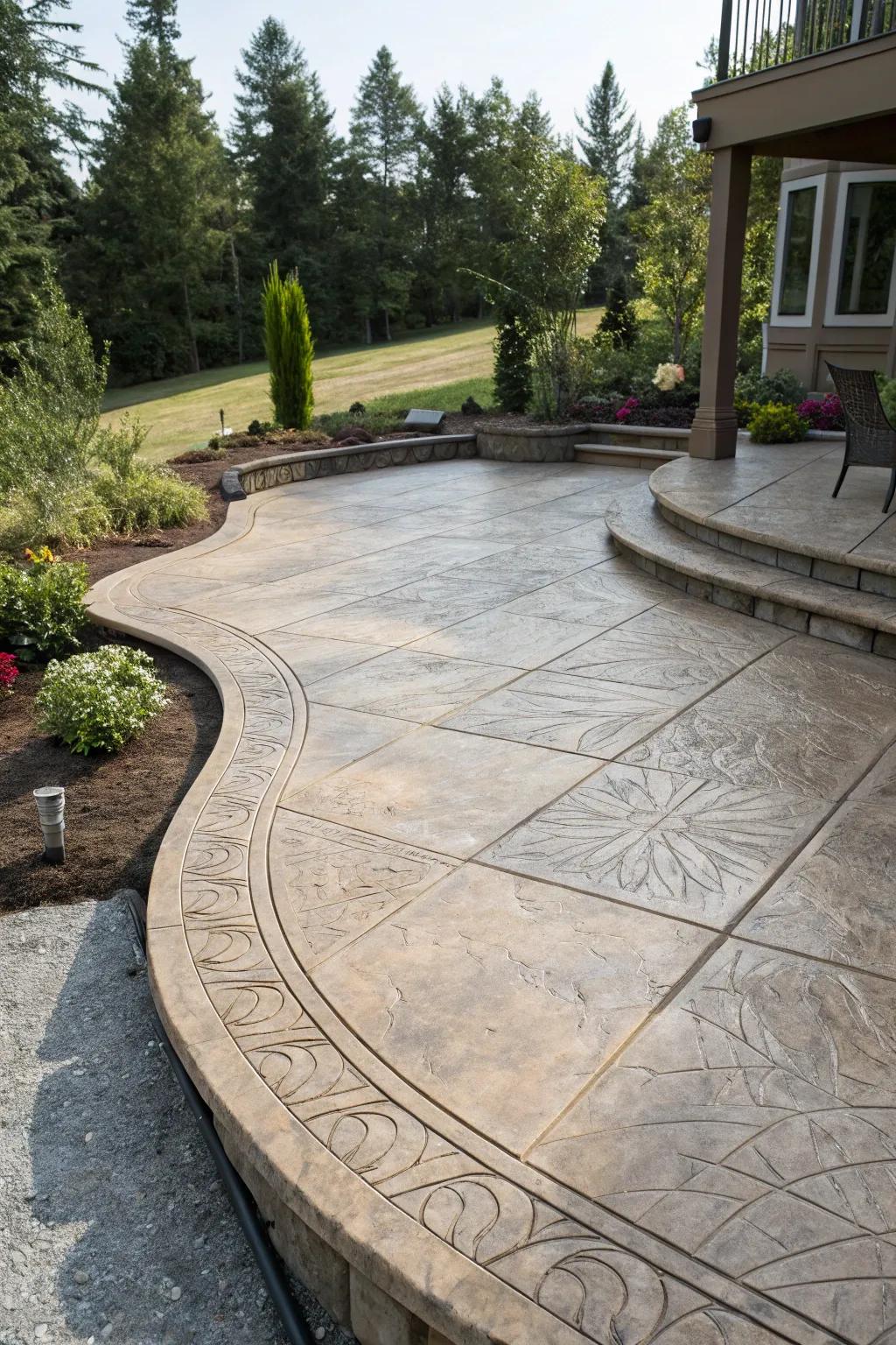 A stamped concrete patio featuring graceful curved edges.