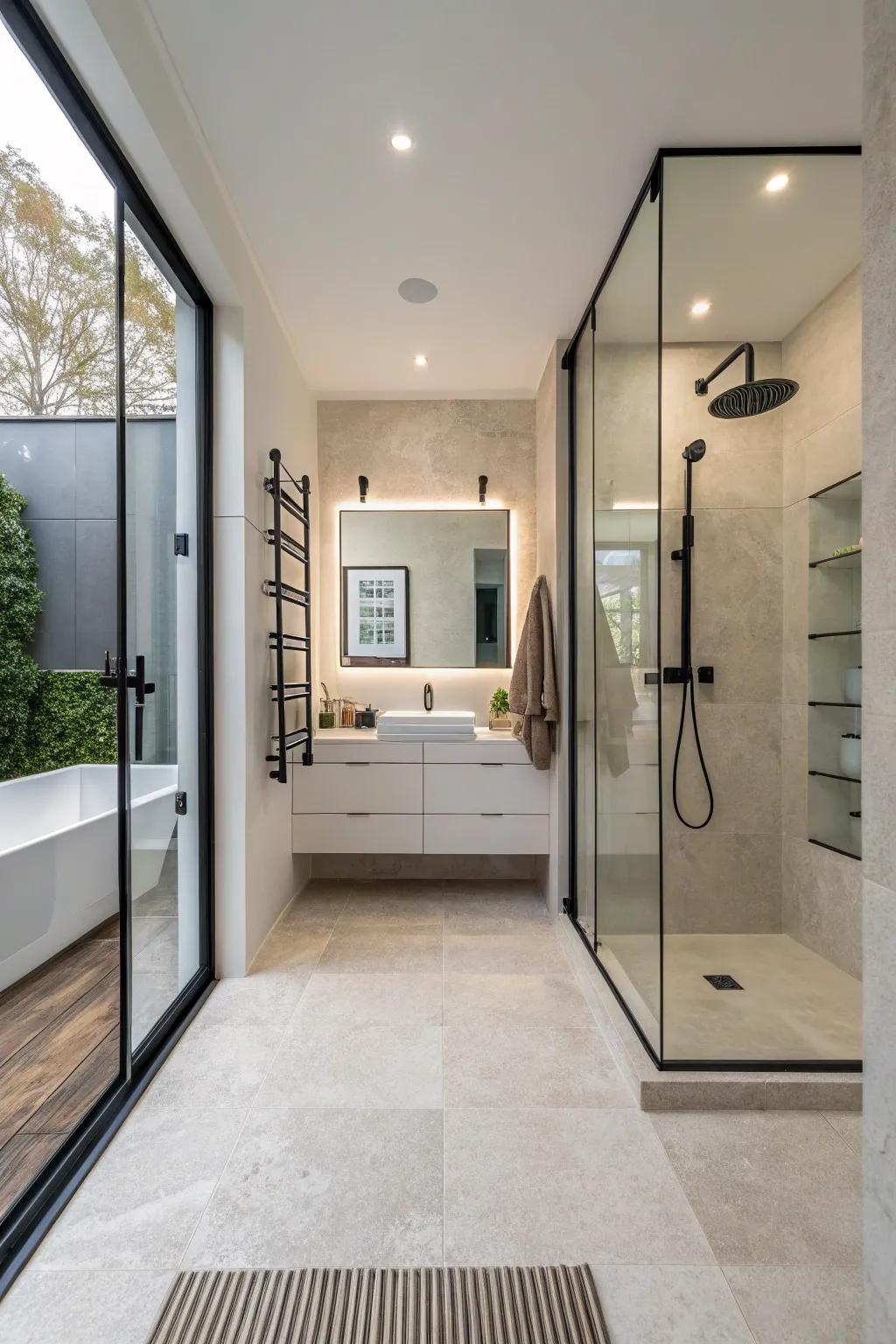 Doorless showers ensure a streamlined and accessible layout.