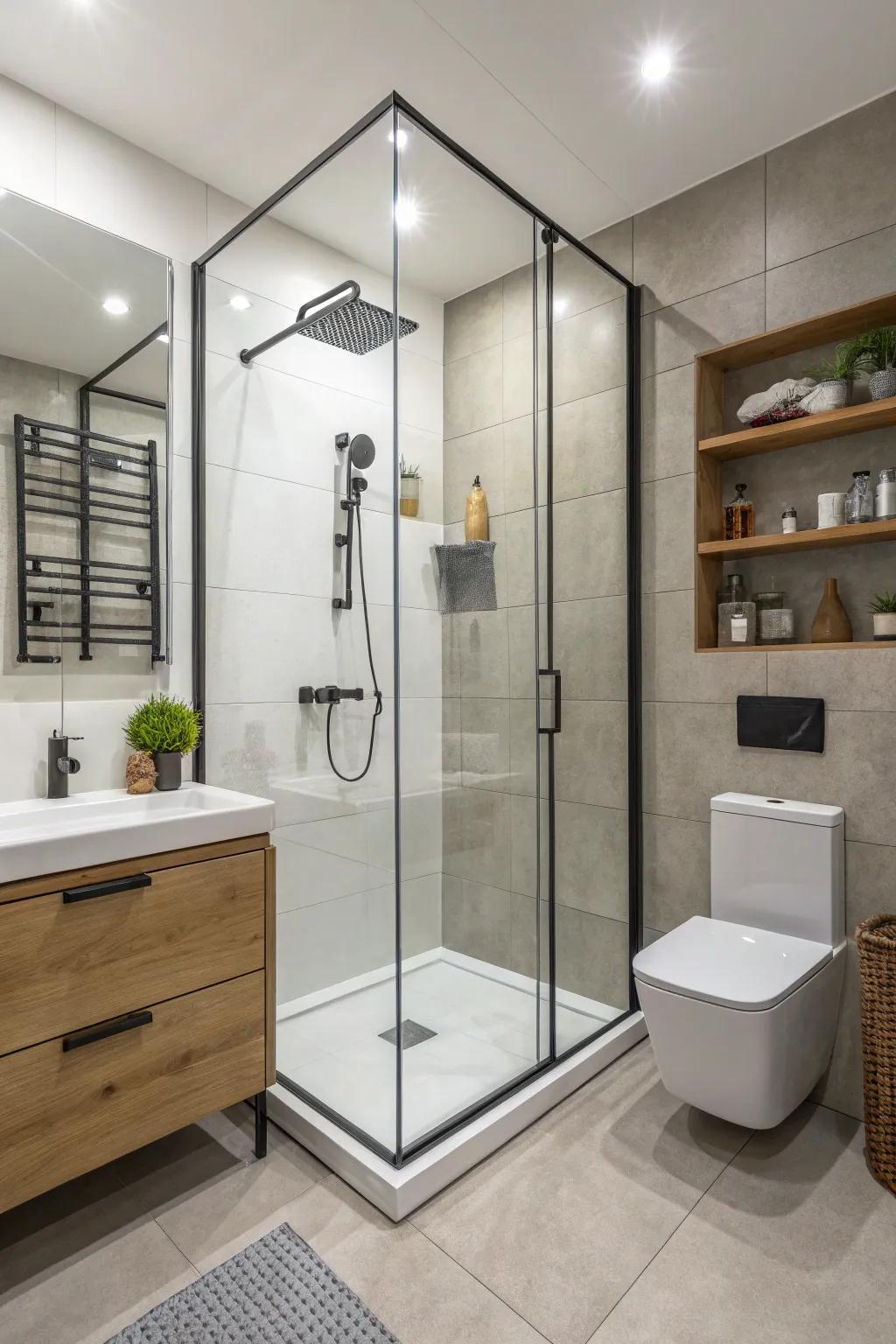 Modern fixtures introduce a sleek and refined element to a standup shower.