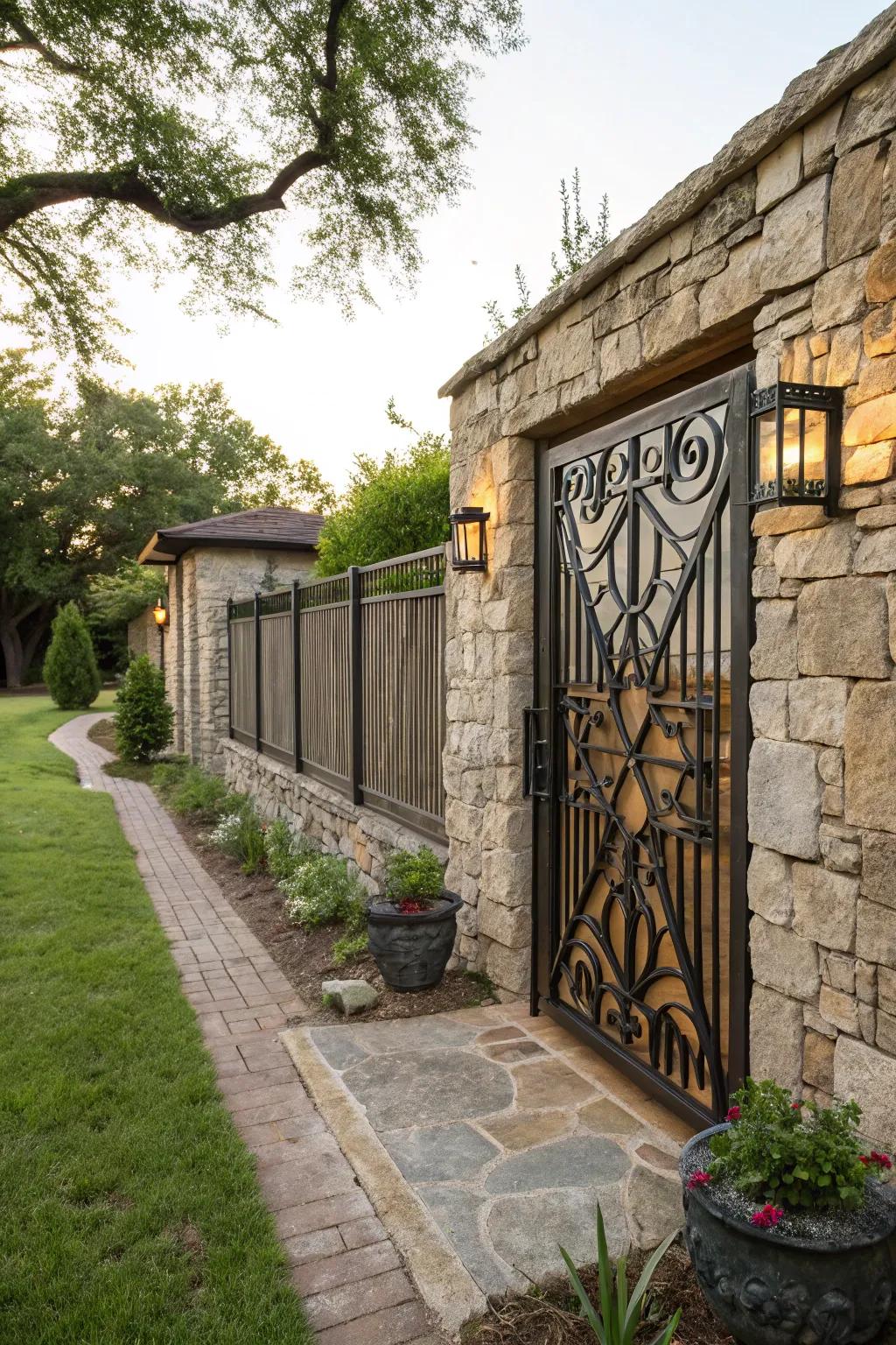 An earthy stone wall enhanced by the sleekness of modern ironwork.