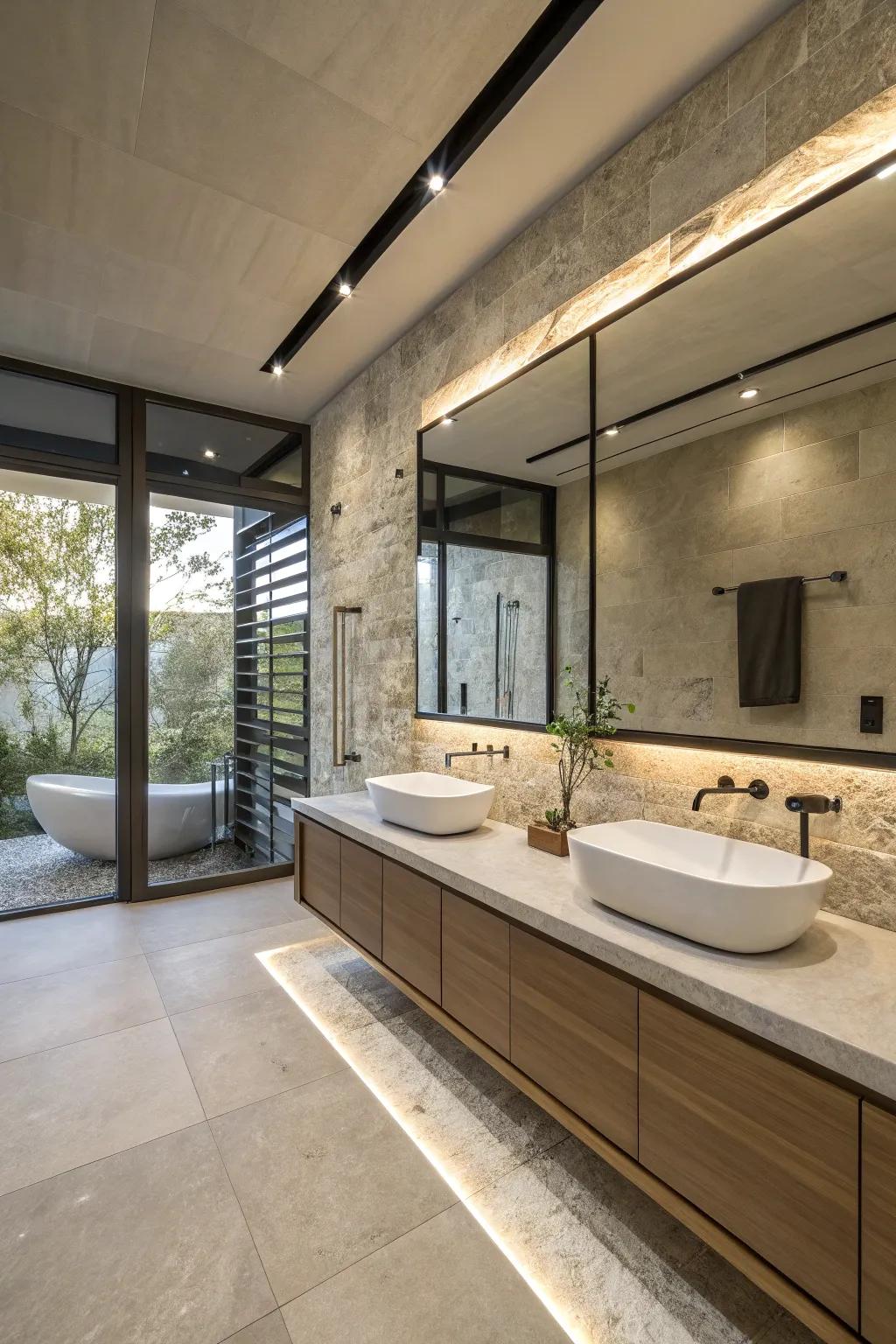 A contemporary stone bathroom presenting streamlined fixtures and a modern layout.