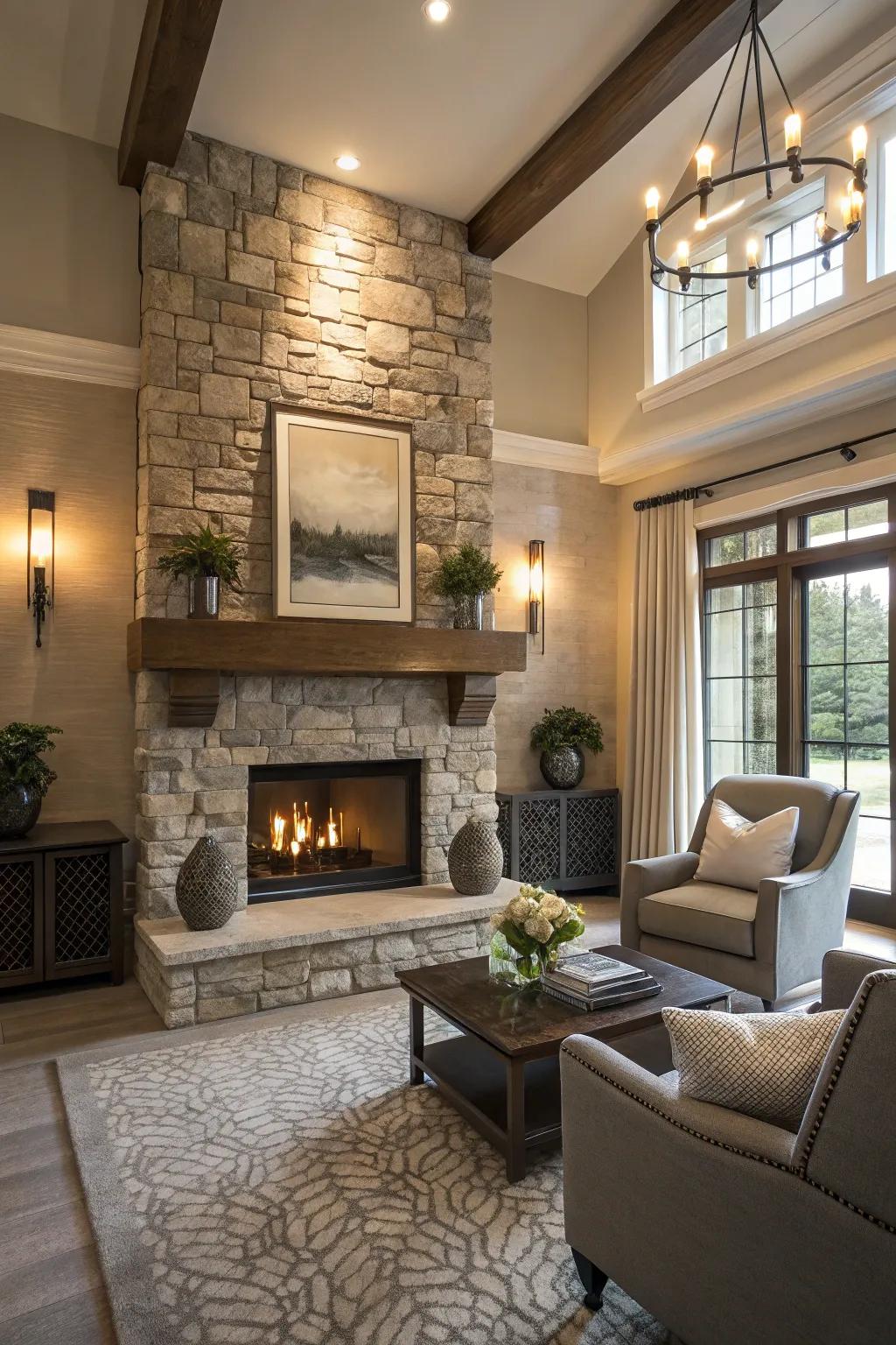 A contemporary space featuring a stone fireplace with a sleek hanging mantel.