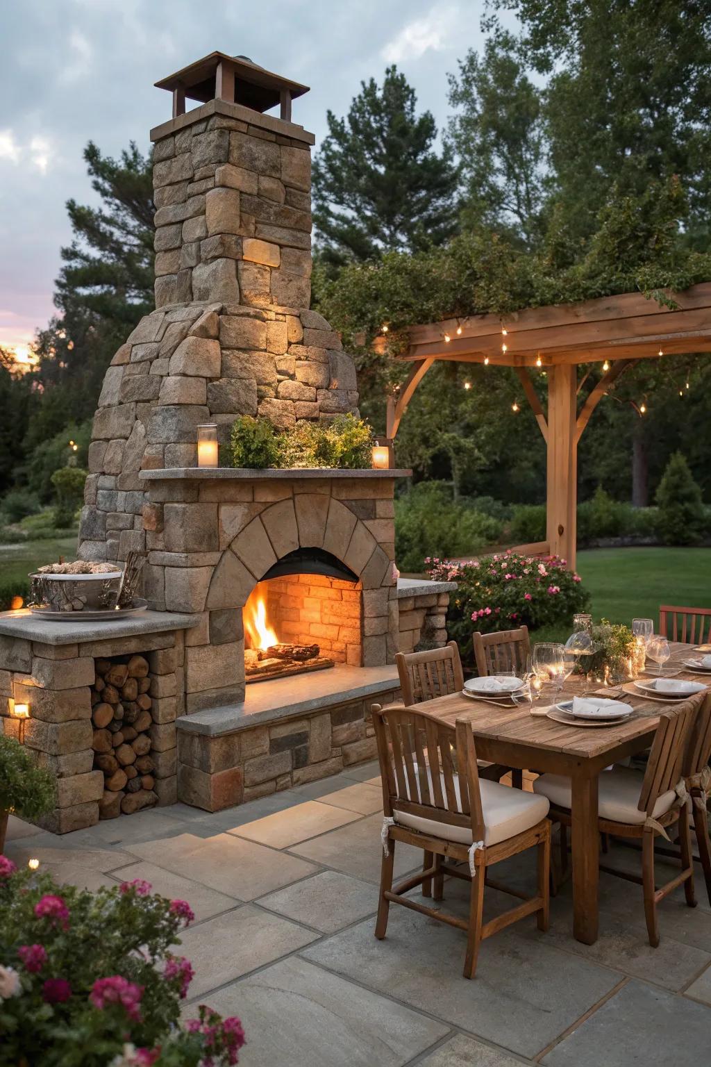 Combine warmth and flavor with a pizza cooker fireplace.
