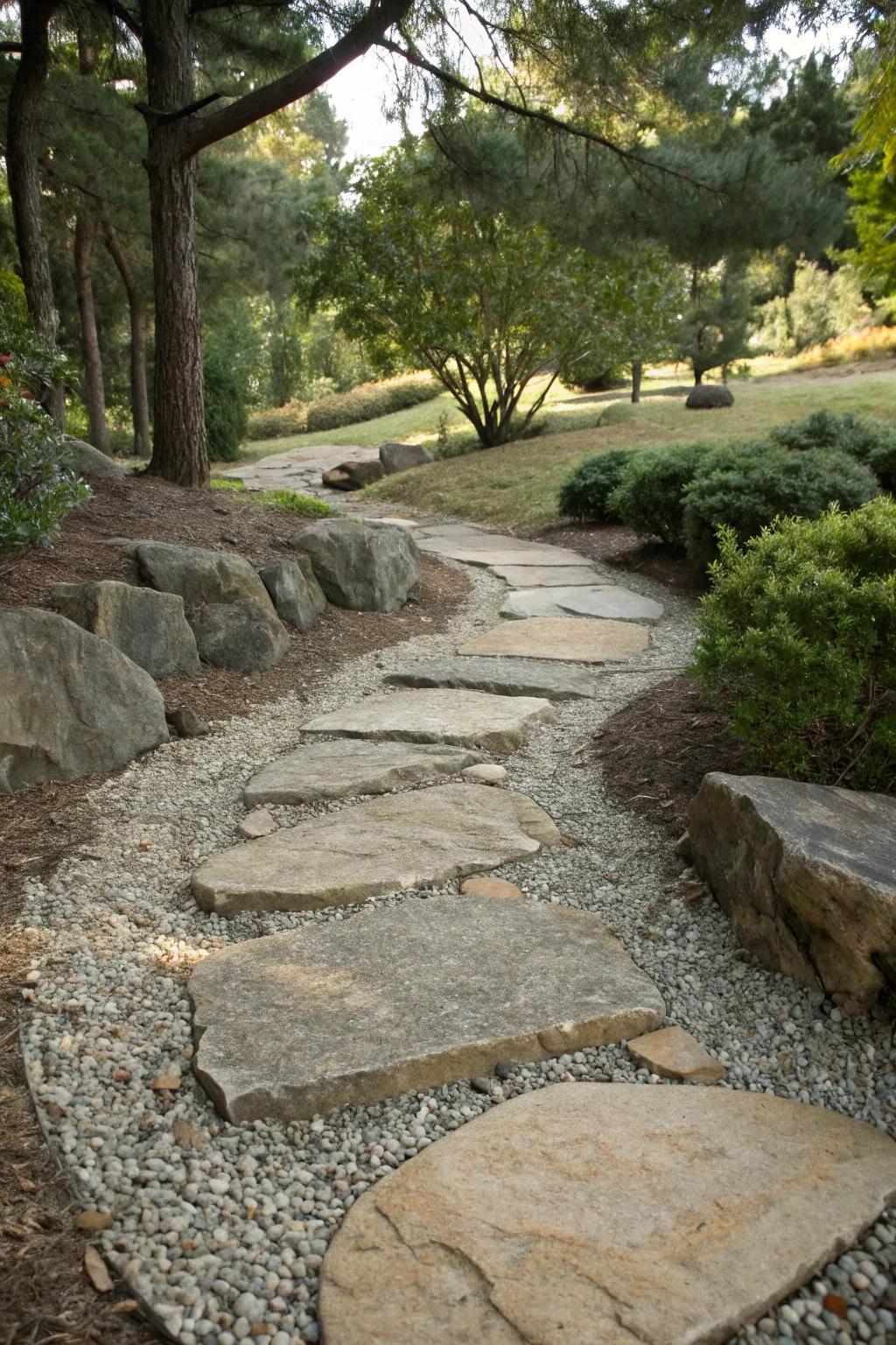Pea gravel enriches texture and acoustics to your garden trail.