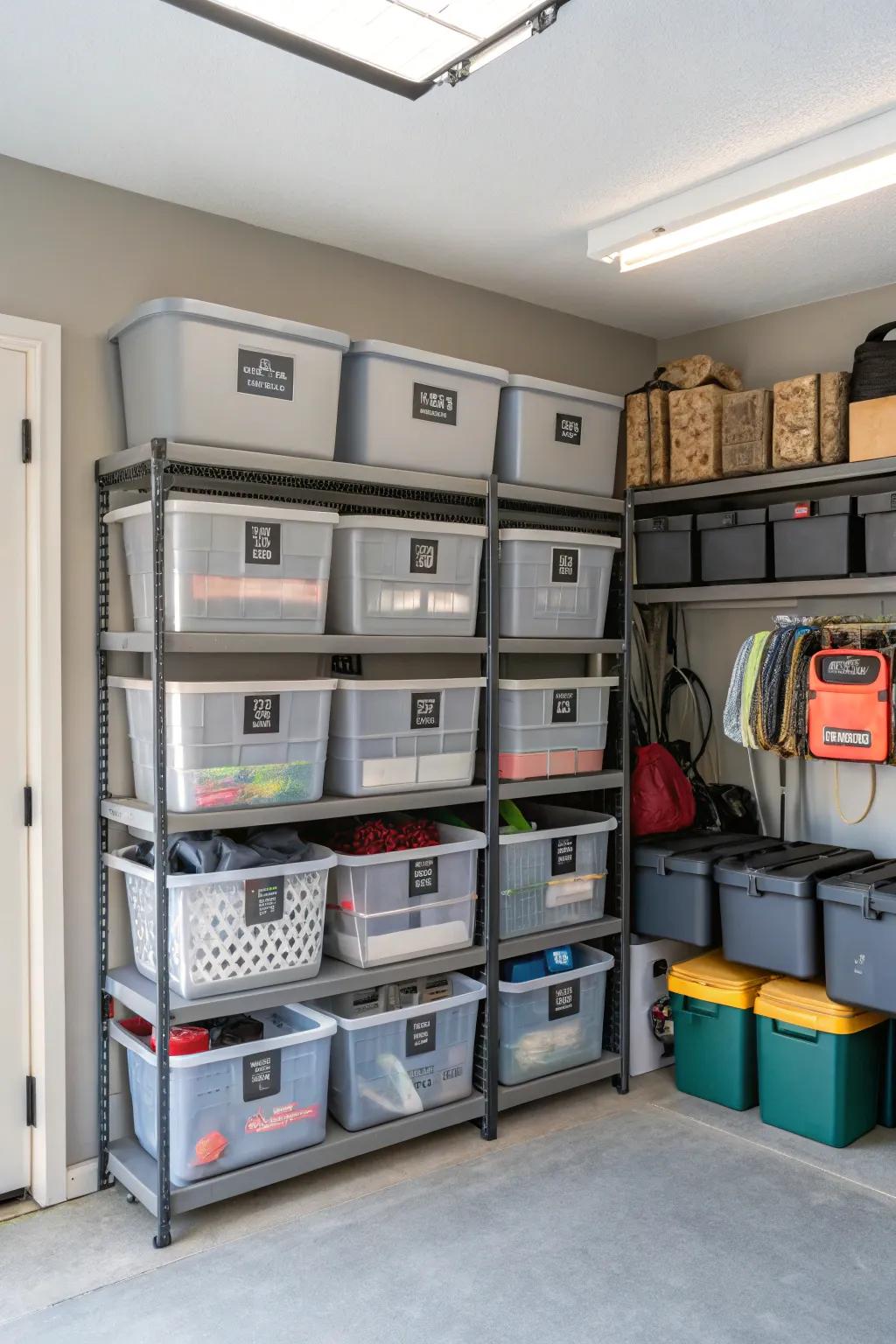 An organized garage with labeled bins for simple access.