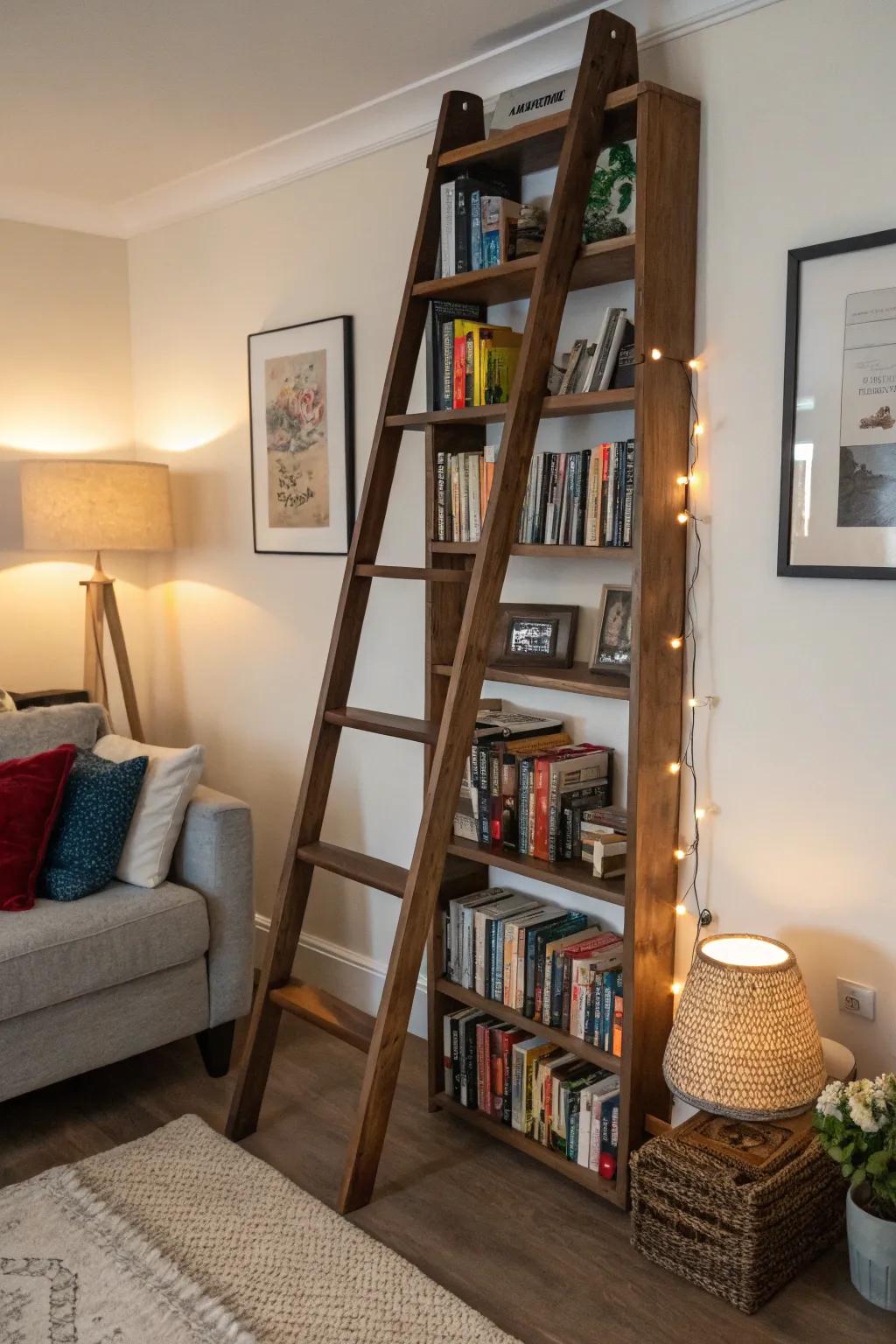 A ladder-style bookshelf is a feature in a small living area.