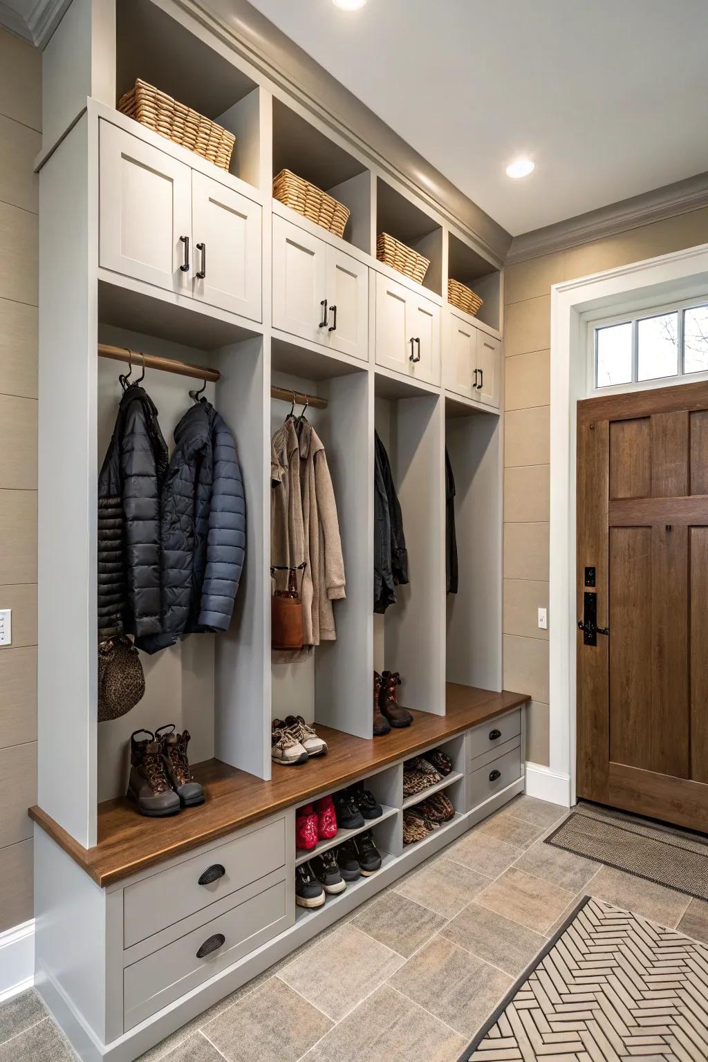A fashionable entryway featuring lockers and hooks for organized storage.