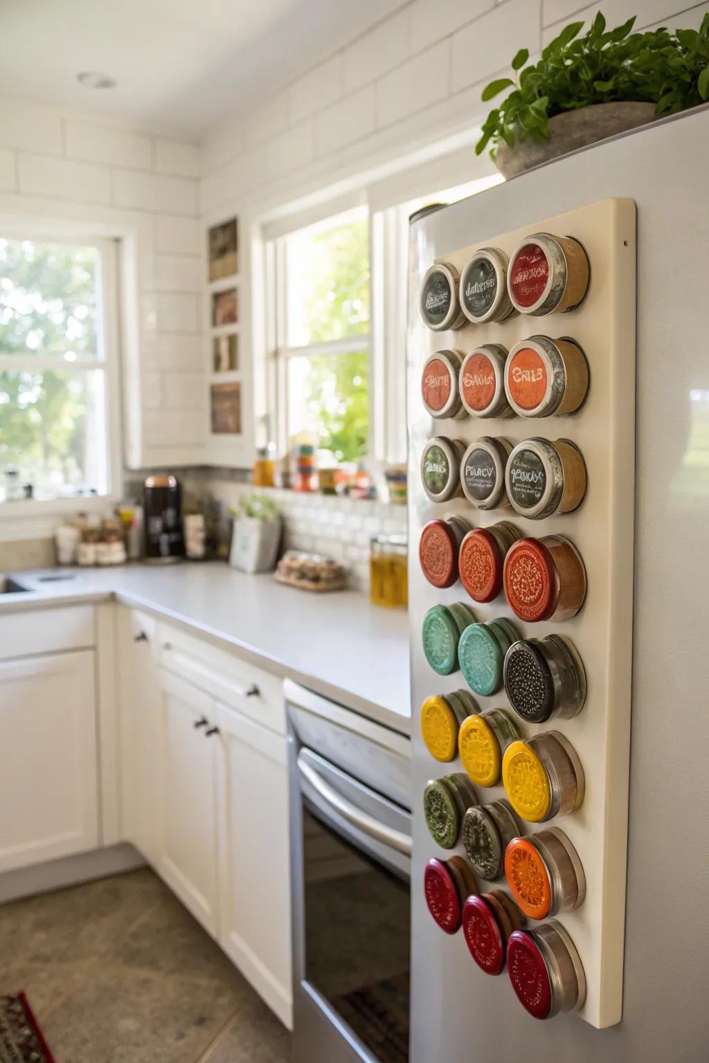 Keep your spice selection organized and accessible with a magnetic setup.