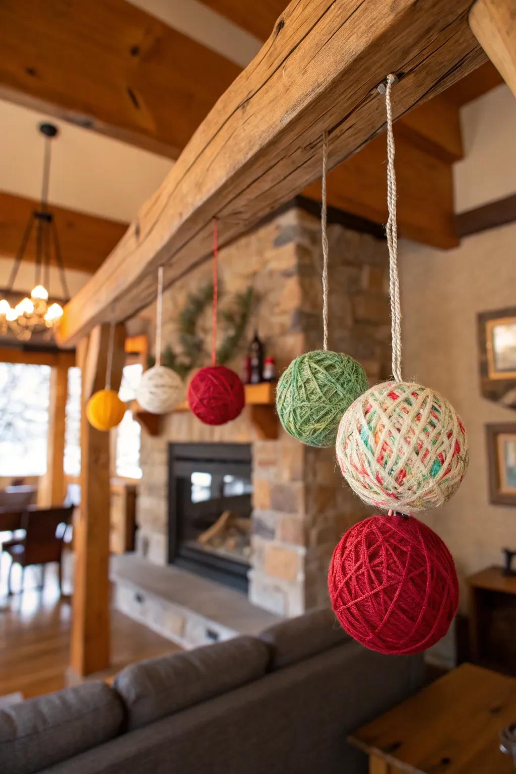 Yarn-wrapped ornaments bring a cozy texture.