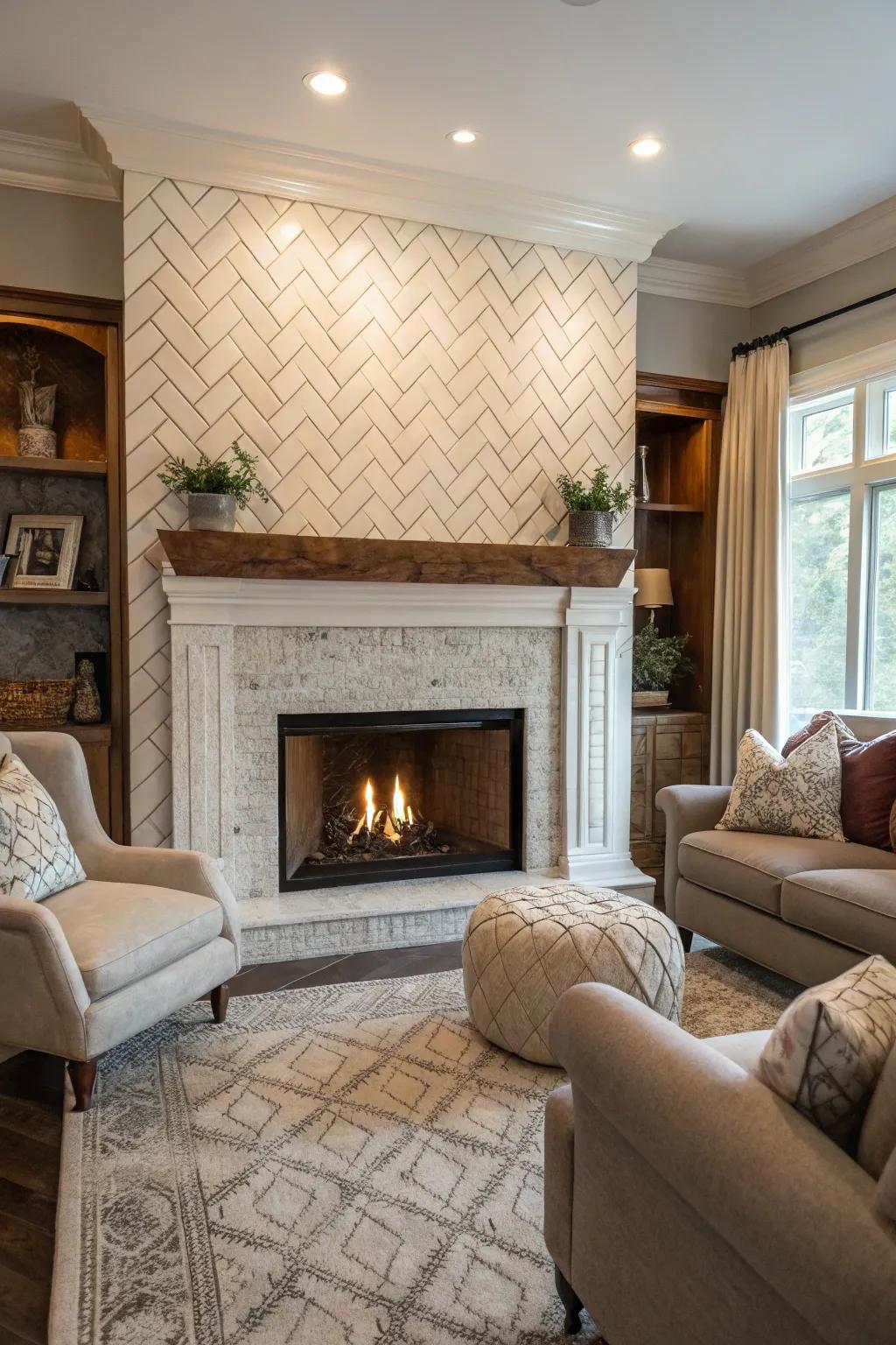 A zigzag pattern adds sophisticated texture to this rectangular tile fireplace.