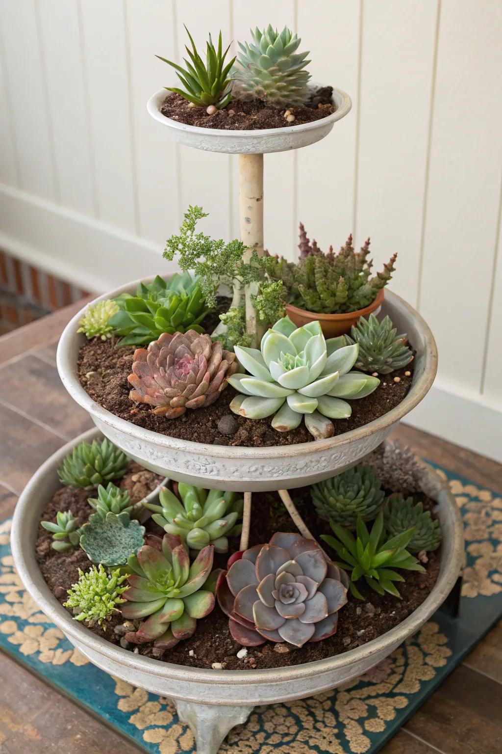 A layered succulent garden with plants of different heights.