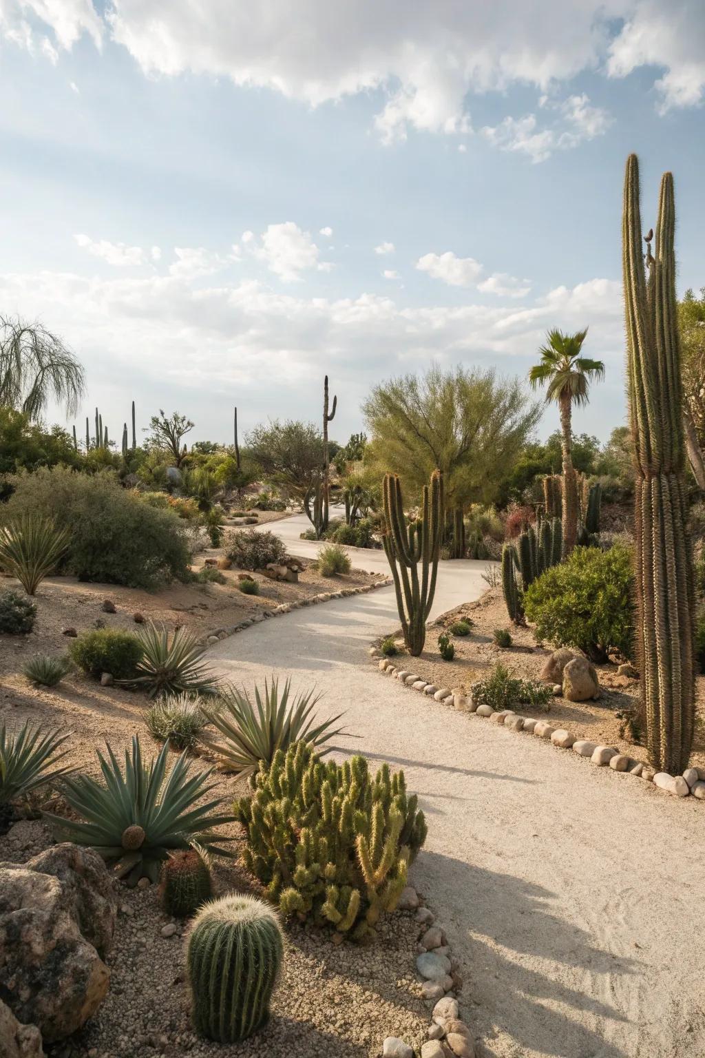 A desert-themed garden incorporating sand, gravel, and cacti to conjure an exquisite panorama.