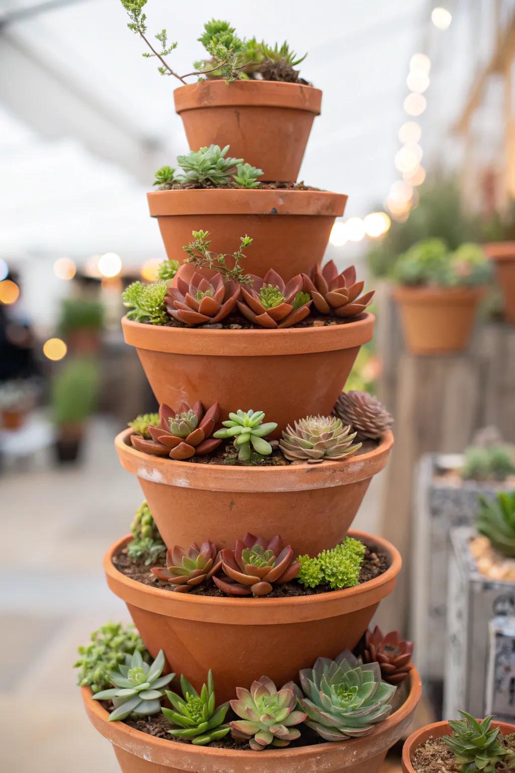 A terracotta pinnacle adds upright interest to any space.