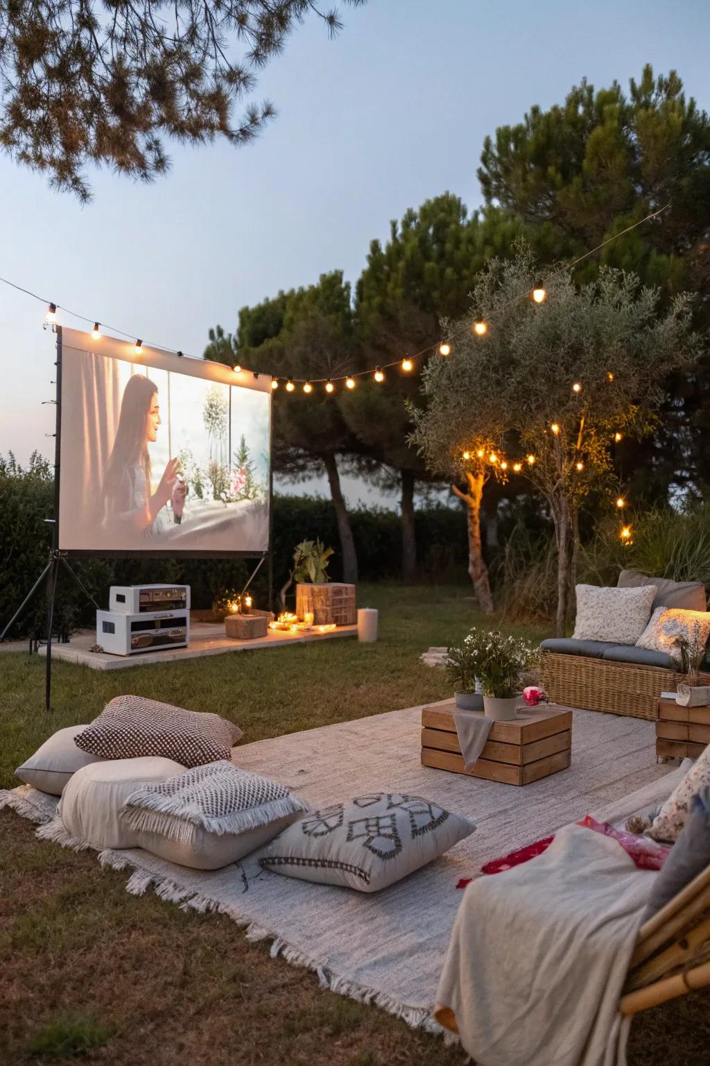 Enjoy a cinematic adventure beneath the open sky with an outdoor movie arrangement.