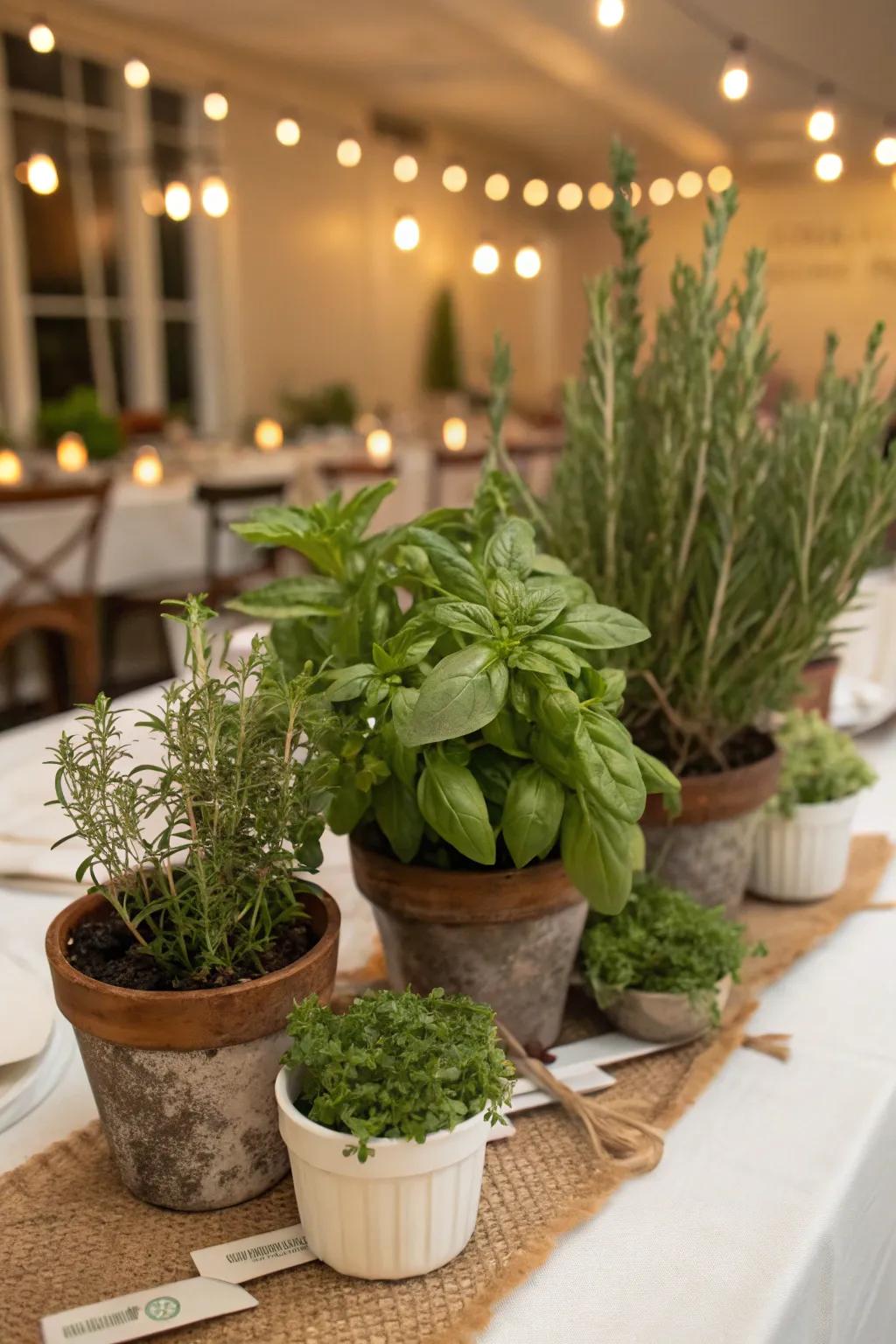 Fresh herb centerpieces add a fragrant touch to the table.