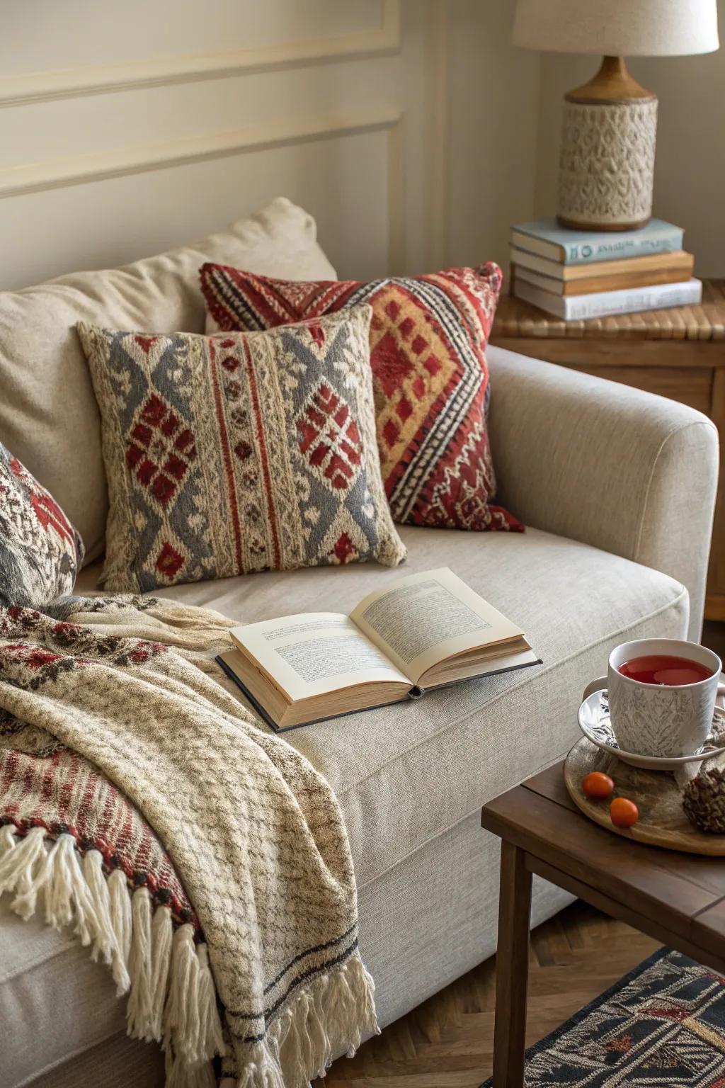 A mix of textures and designs creates a visually appealing space.