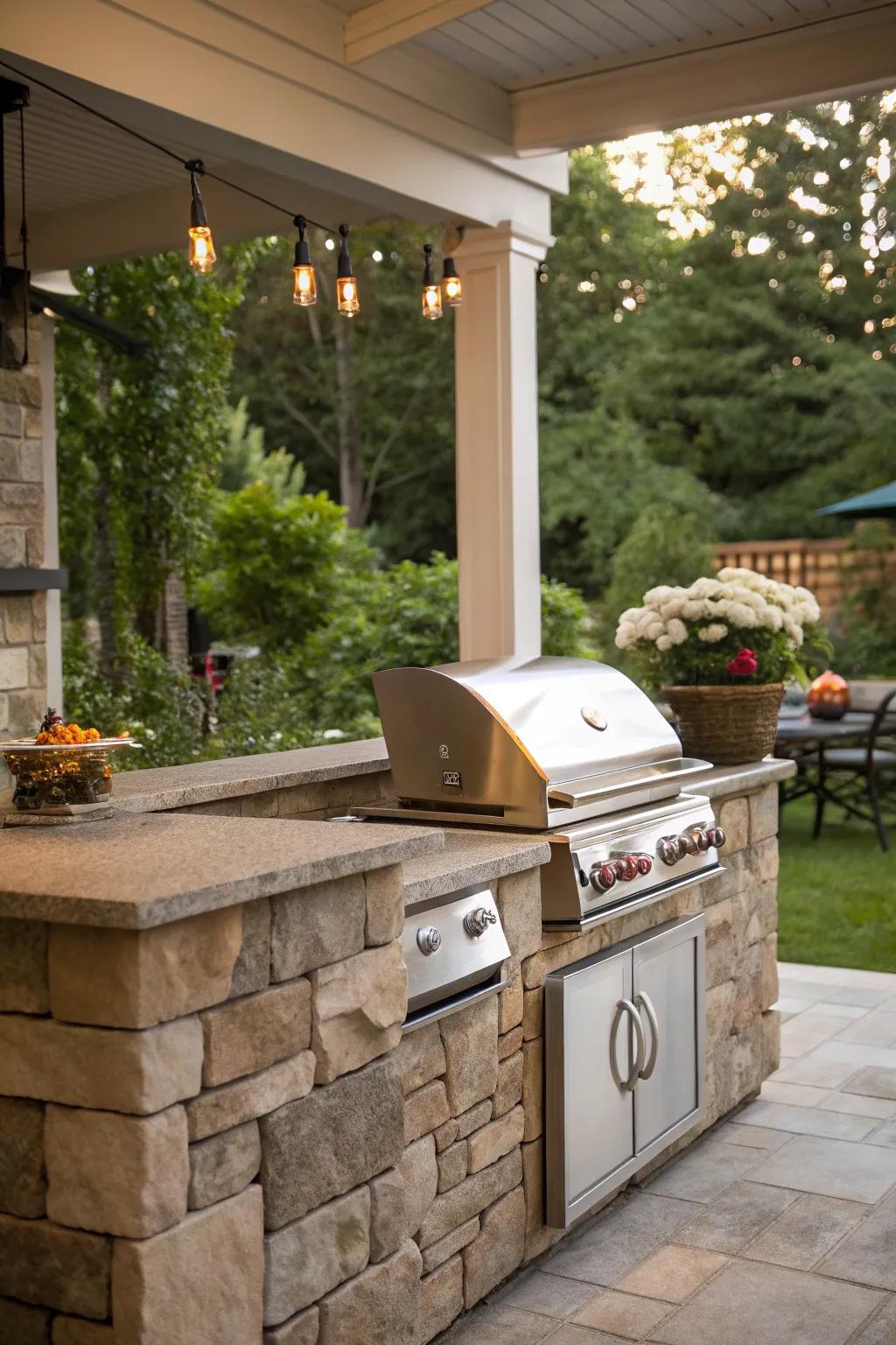 Useful and elegant stone countertops featured in an outdoor kitchen.