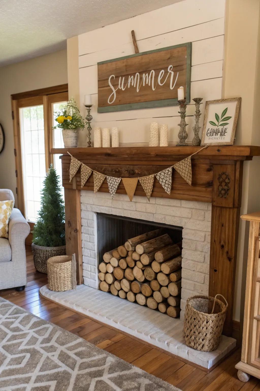 Country-style wooden features introduce a snug hint to your summer mantel.
