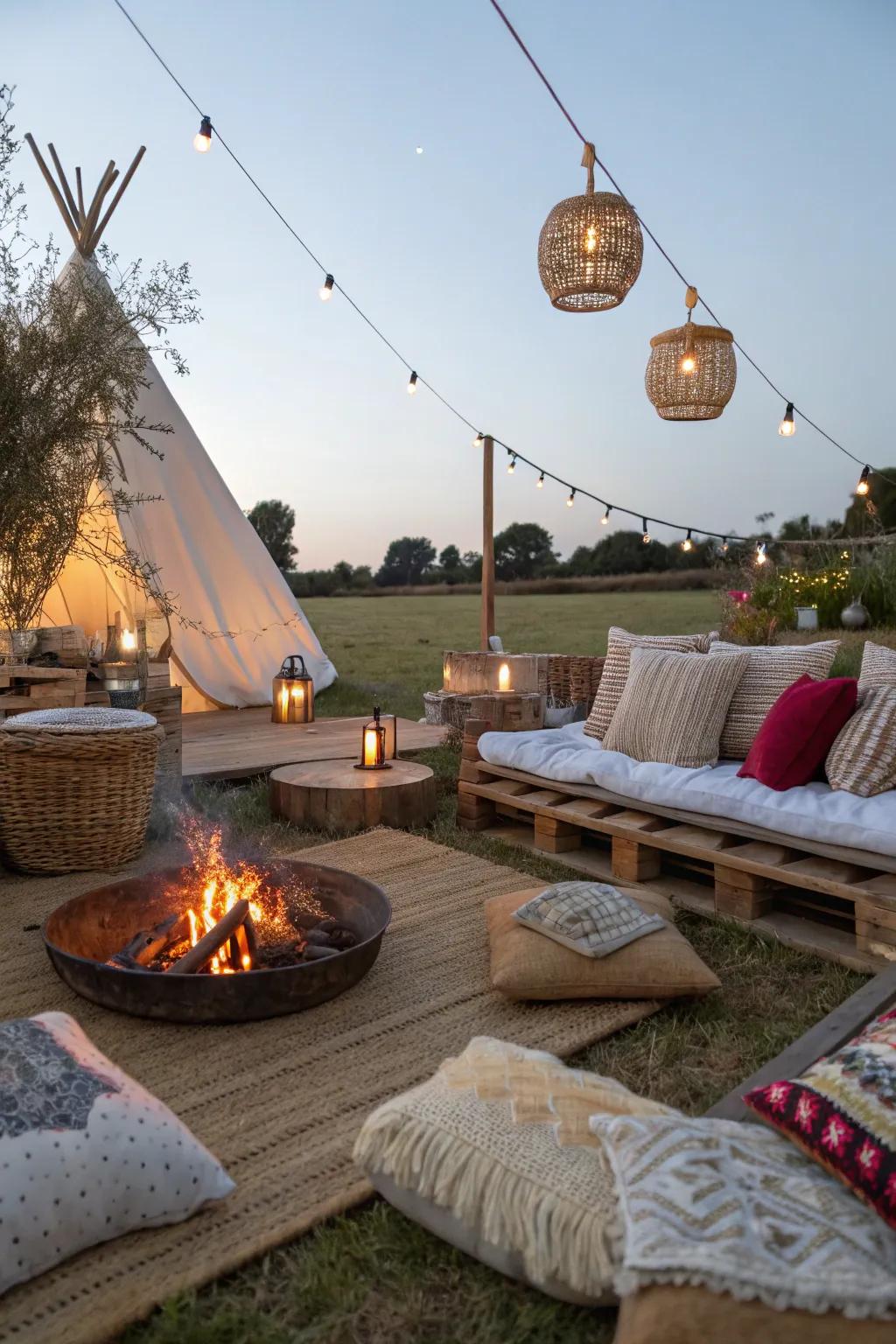 A pleasant free-spirited fire gathering showcasing warm, inviting ornaments.