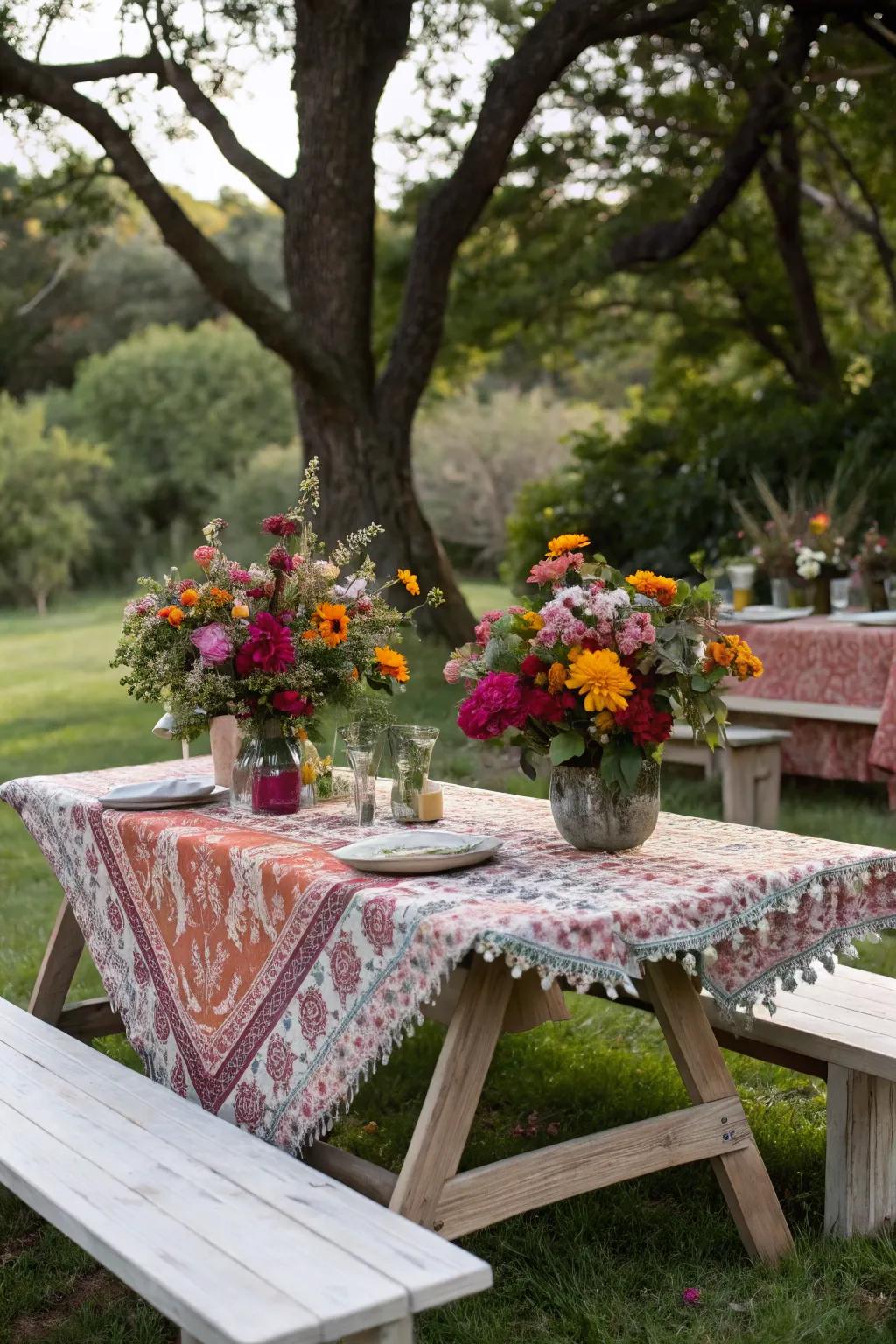 An elegantly set picnic table using charming flower decor