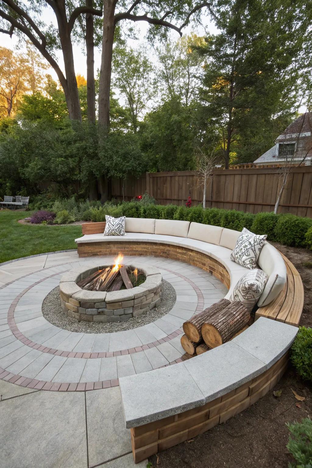 A circular sunken fire pit that invites conversation.