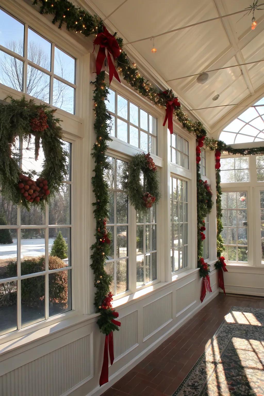 Frame your sunroom with celebratory wreaths and garlands.