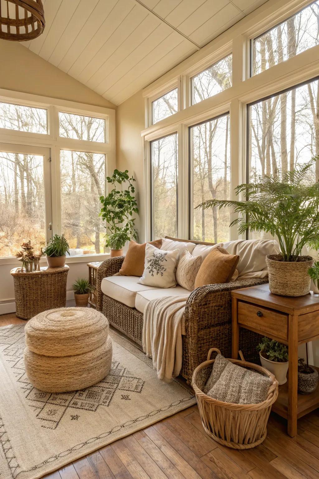 Neutral and earthy tones create a tranquil sunroom setting.