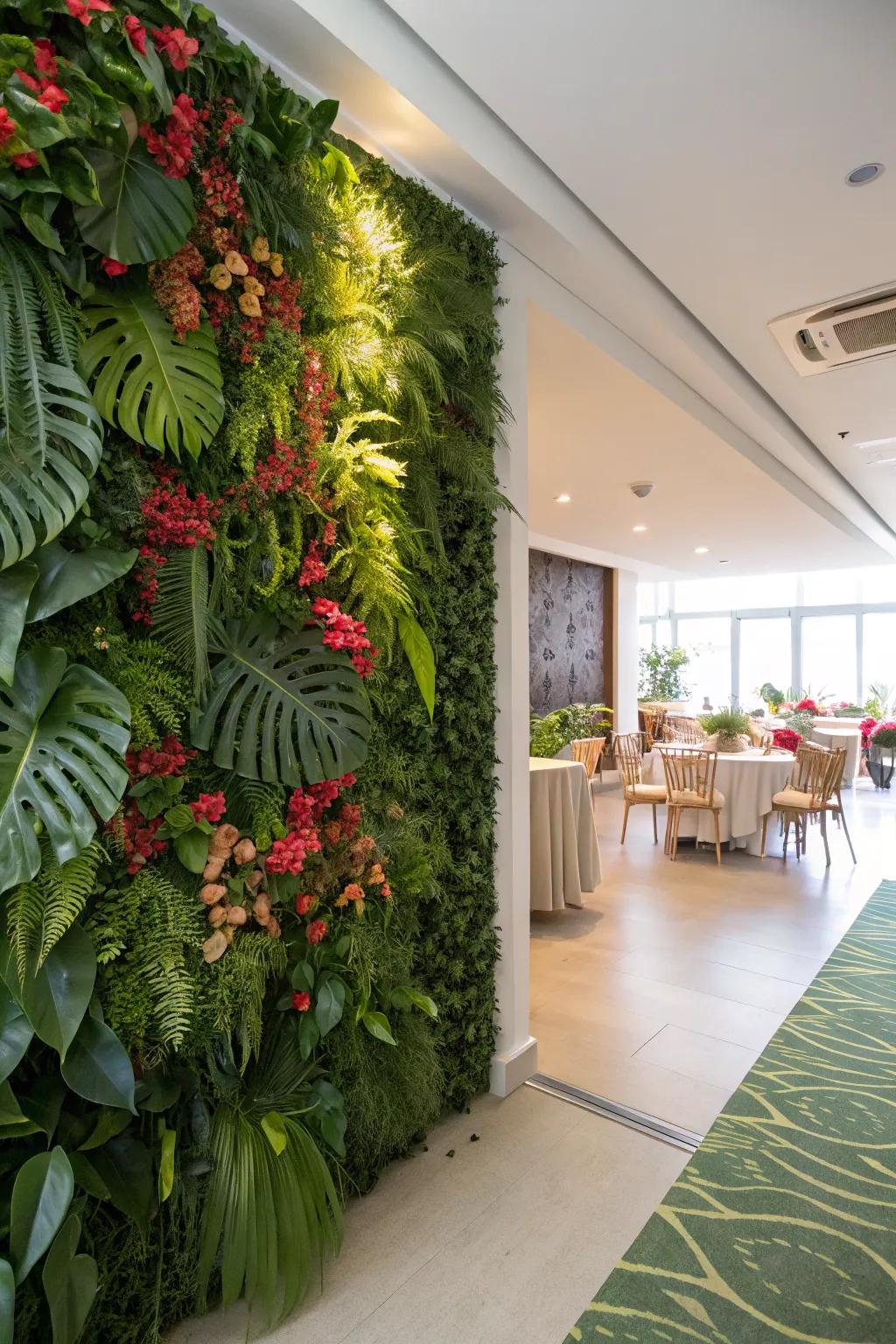 A lush greenery wall brings a touch of nature indoors.