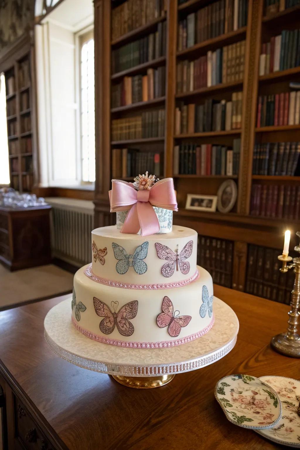 A whimsical cake adorned with butterflies and bows, perfect for a fairytale celebration.